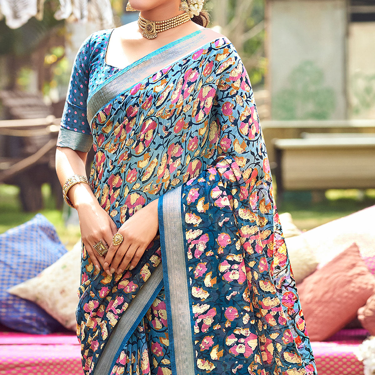 Blue Floral Printed With Woven Border Linen Saree