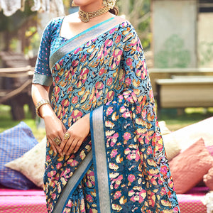 Blue Floral Printed With Woven Border Linen Saree