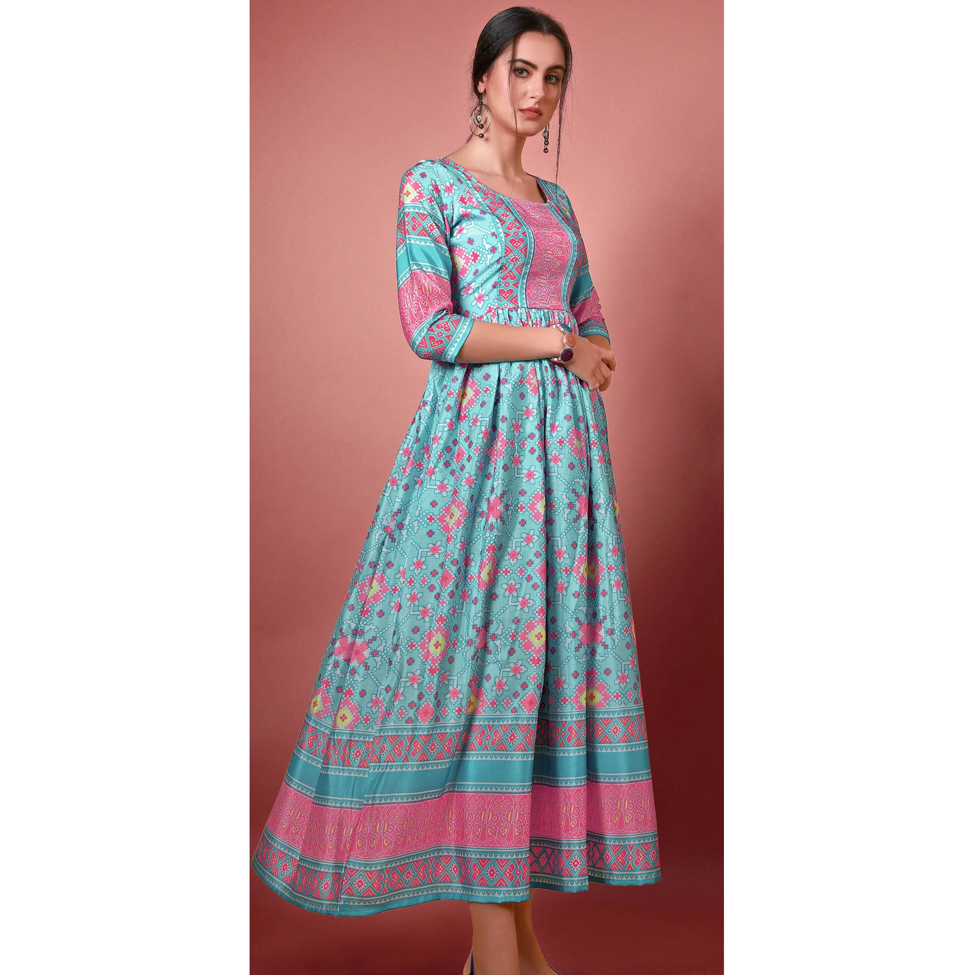 Sky Blue Digital Printed Chiffon Long Kurti