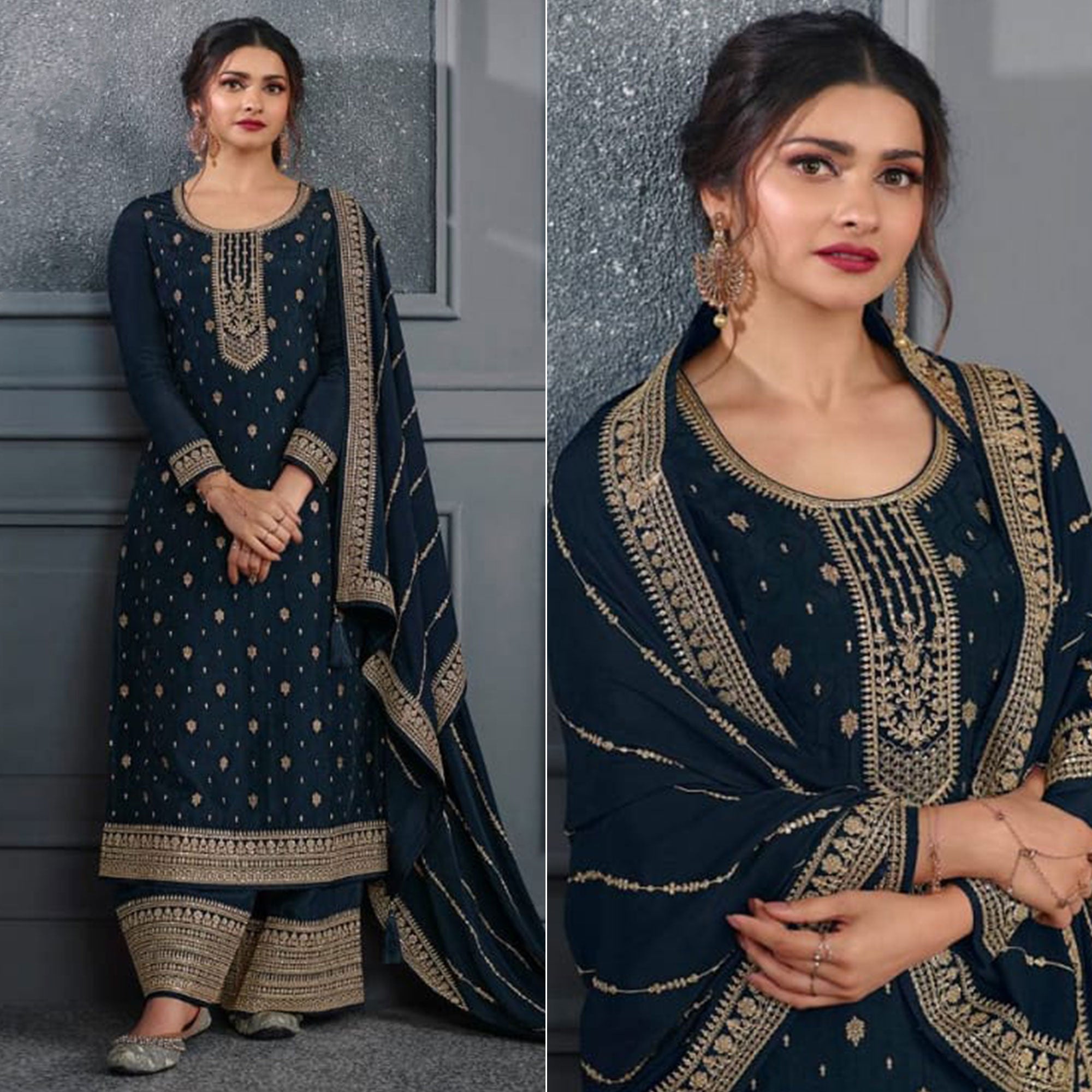 Navy Blue Woven With Sequins Embroidered Dola Silk Palazzo Suit