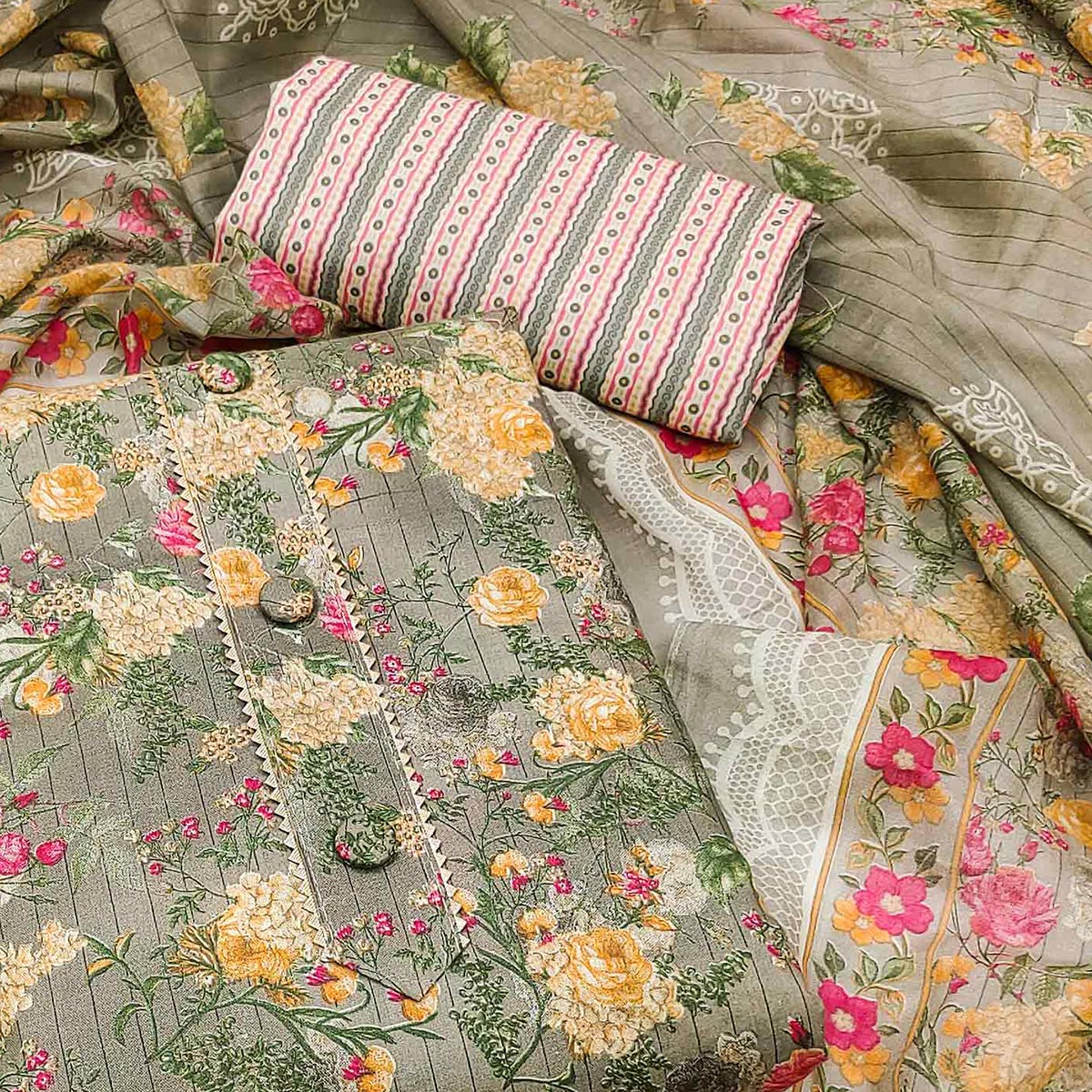 Grey Floral Printed Printed Cotton Blend Dress Material