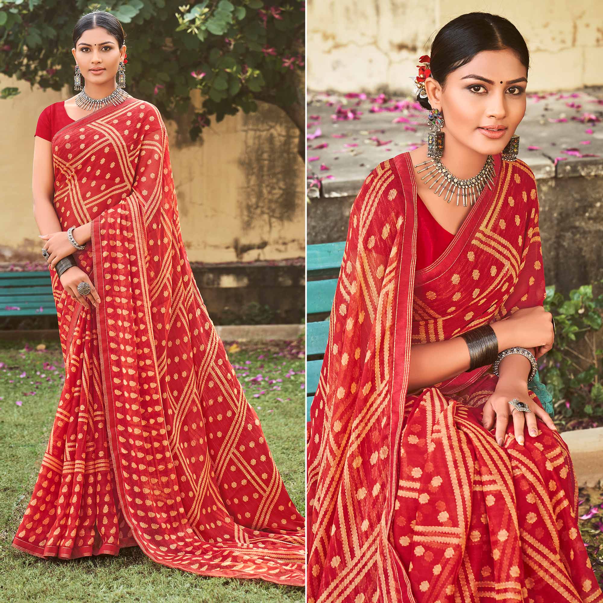 Red Printed Chiffon Saree