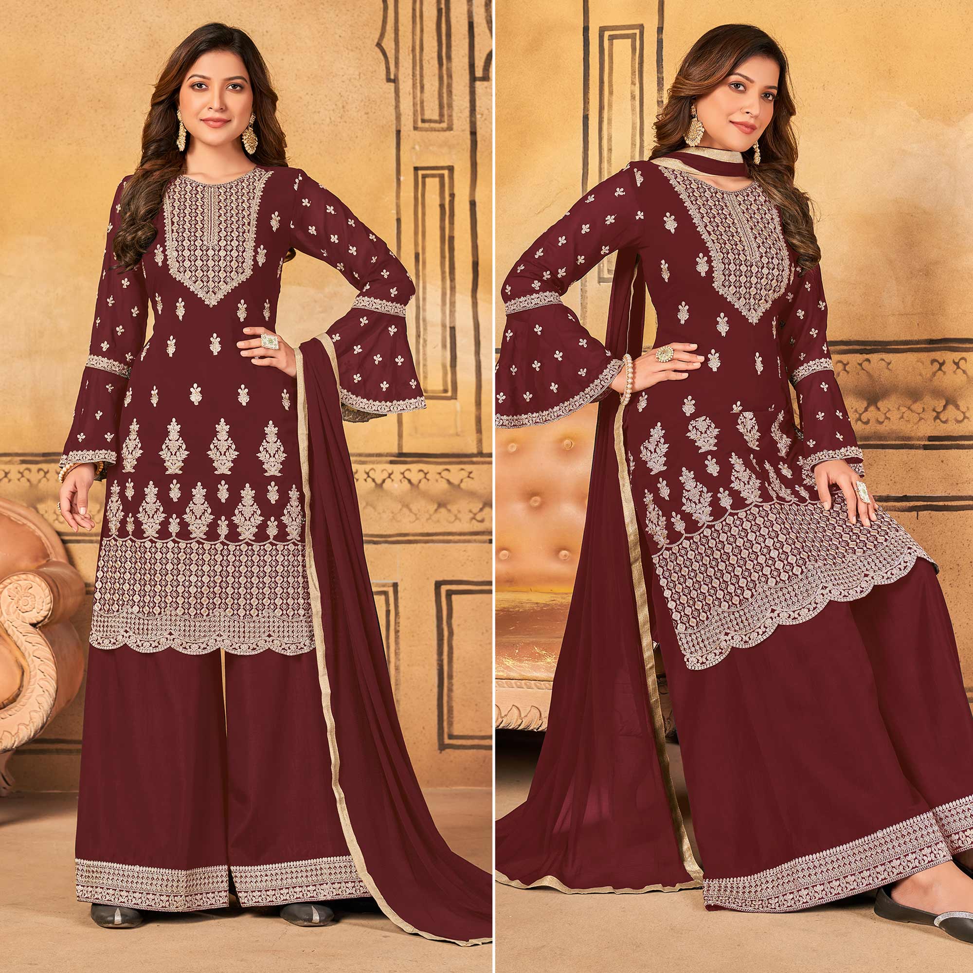 Maroon Floral Embroidered Georgette Palazzo Suit