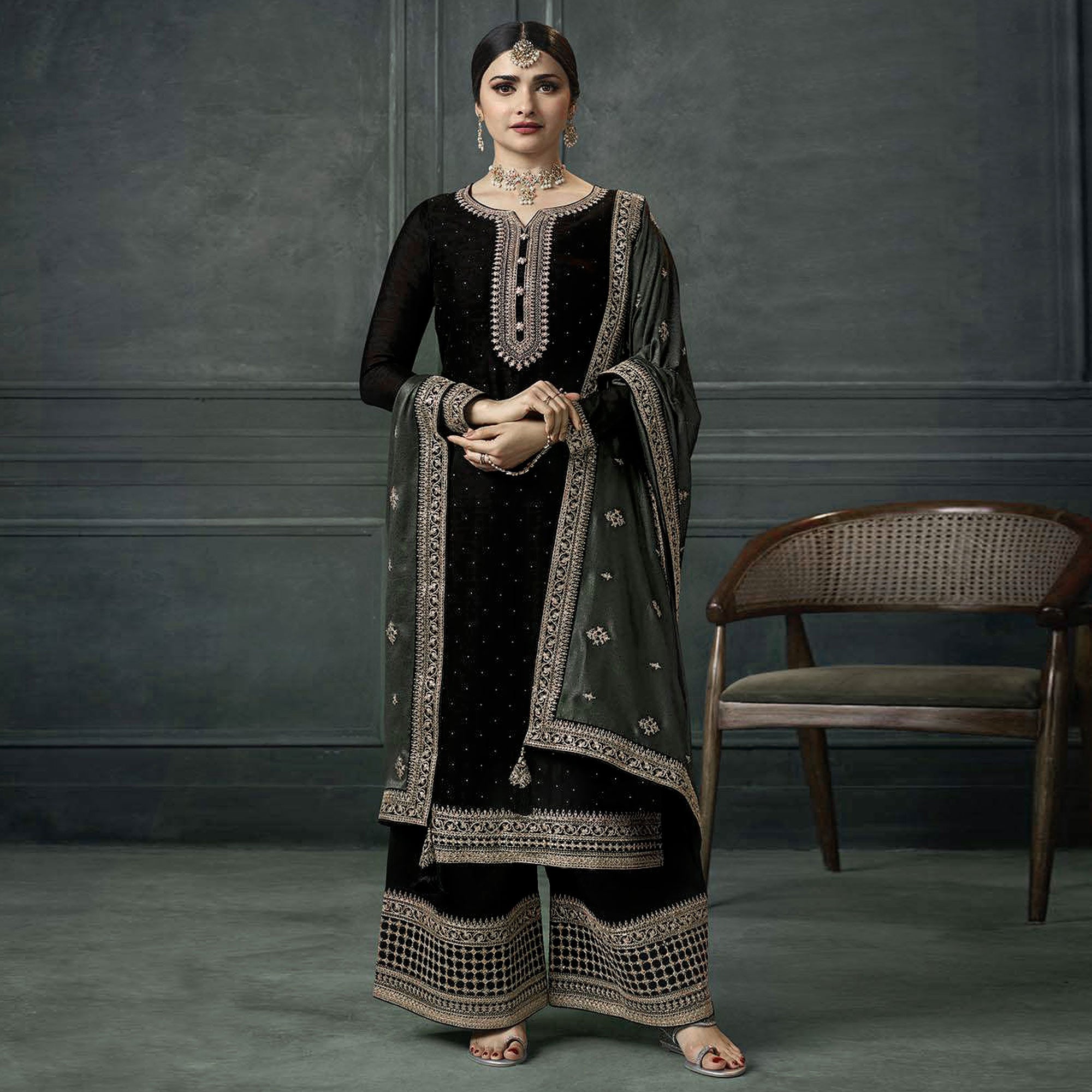 Black Embroidered Georgette Semi Stitched Palazzo Suit