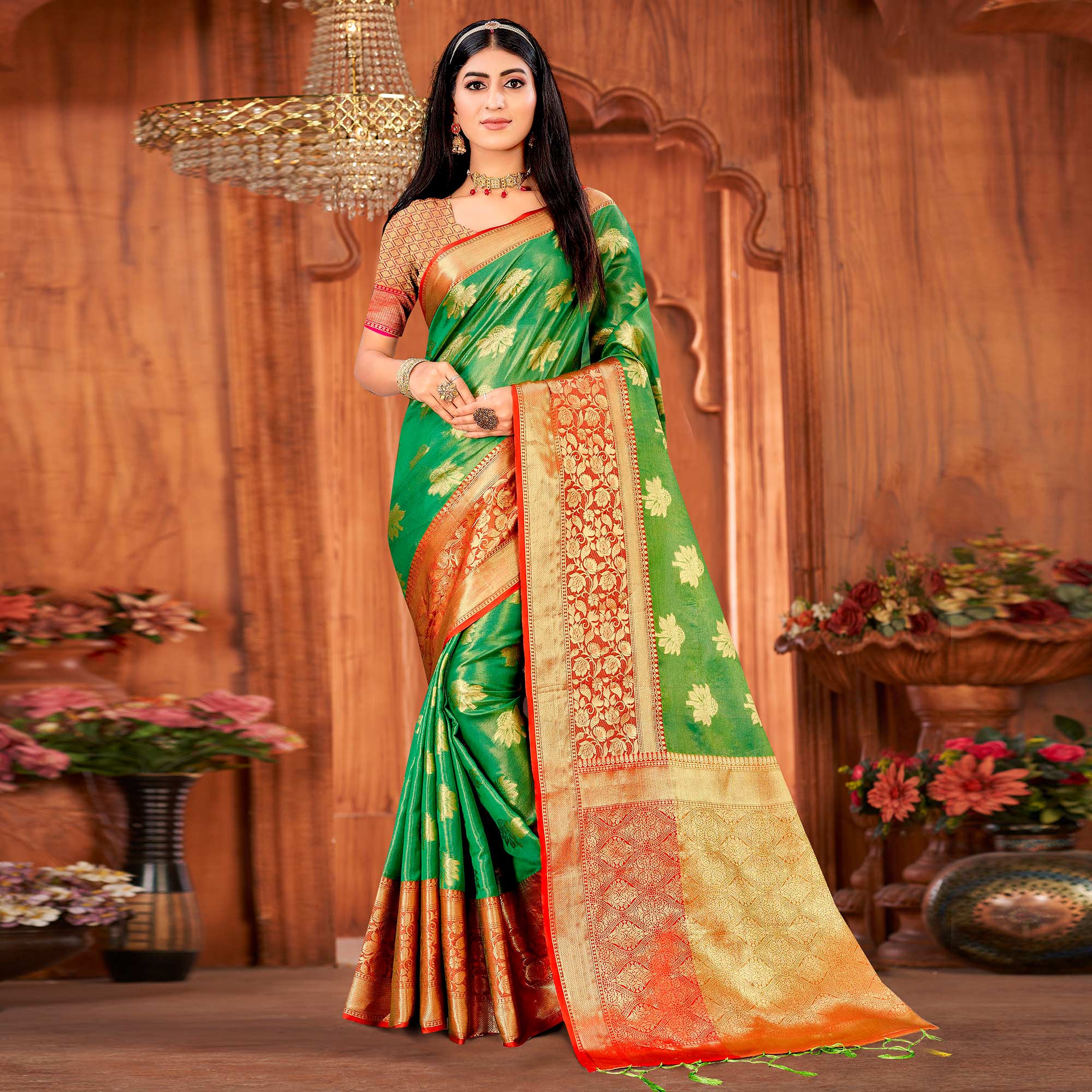 Green Woven Art Silk Saree With Tassels