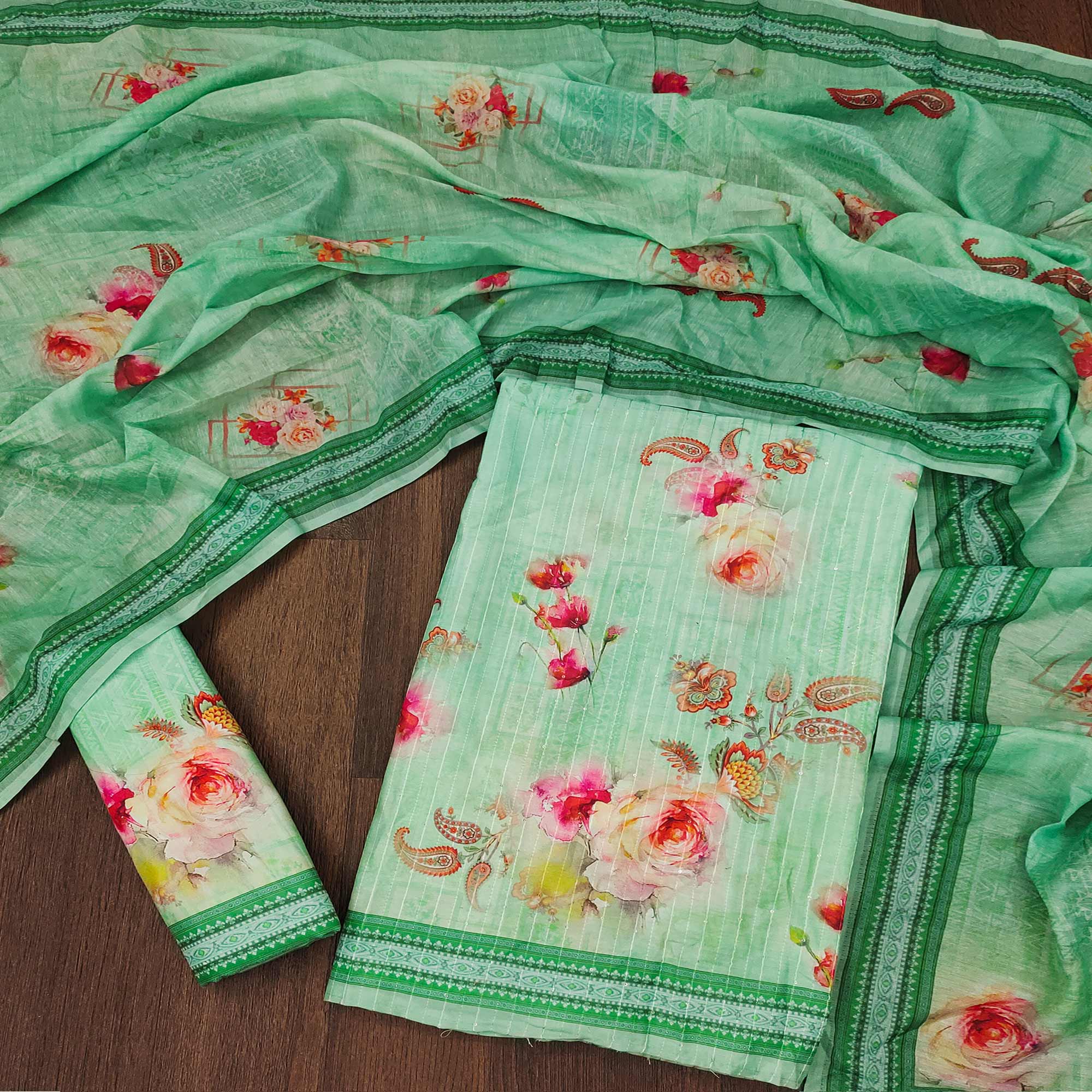 Green Floral Digital Printed Muslin Dress Material