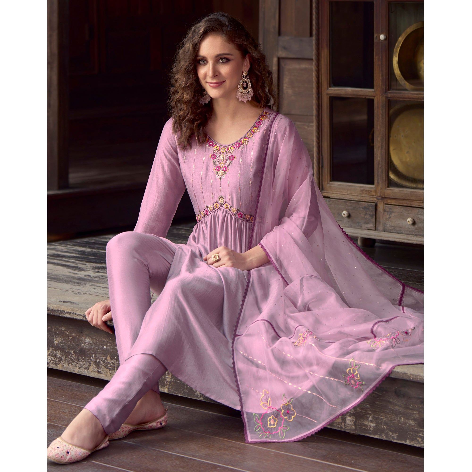 Pink Floral Embroidered Art Silk Naira Cut Suit