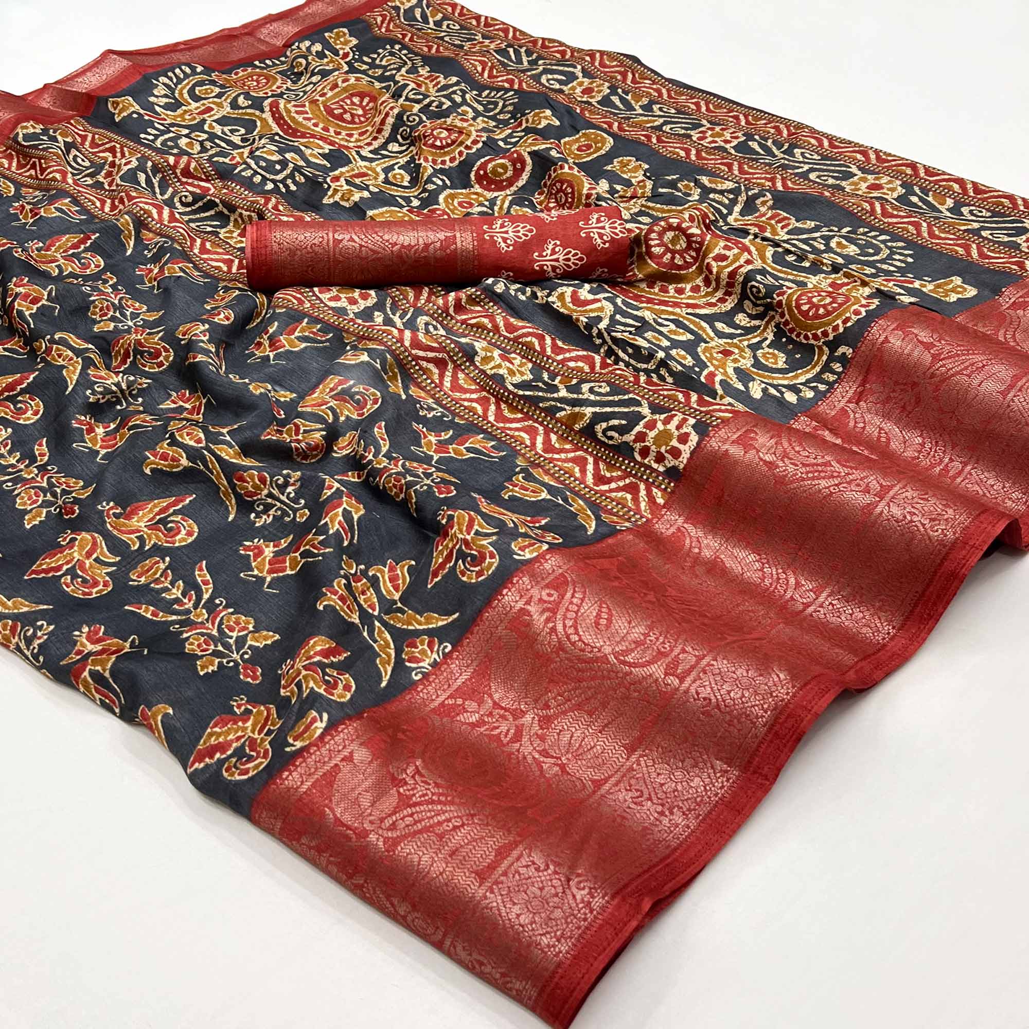 Black Blue Printed With Woven Border Dola Silk Saree