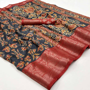 Black Blue Printed With Woven Border Dola Silk Saree