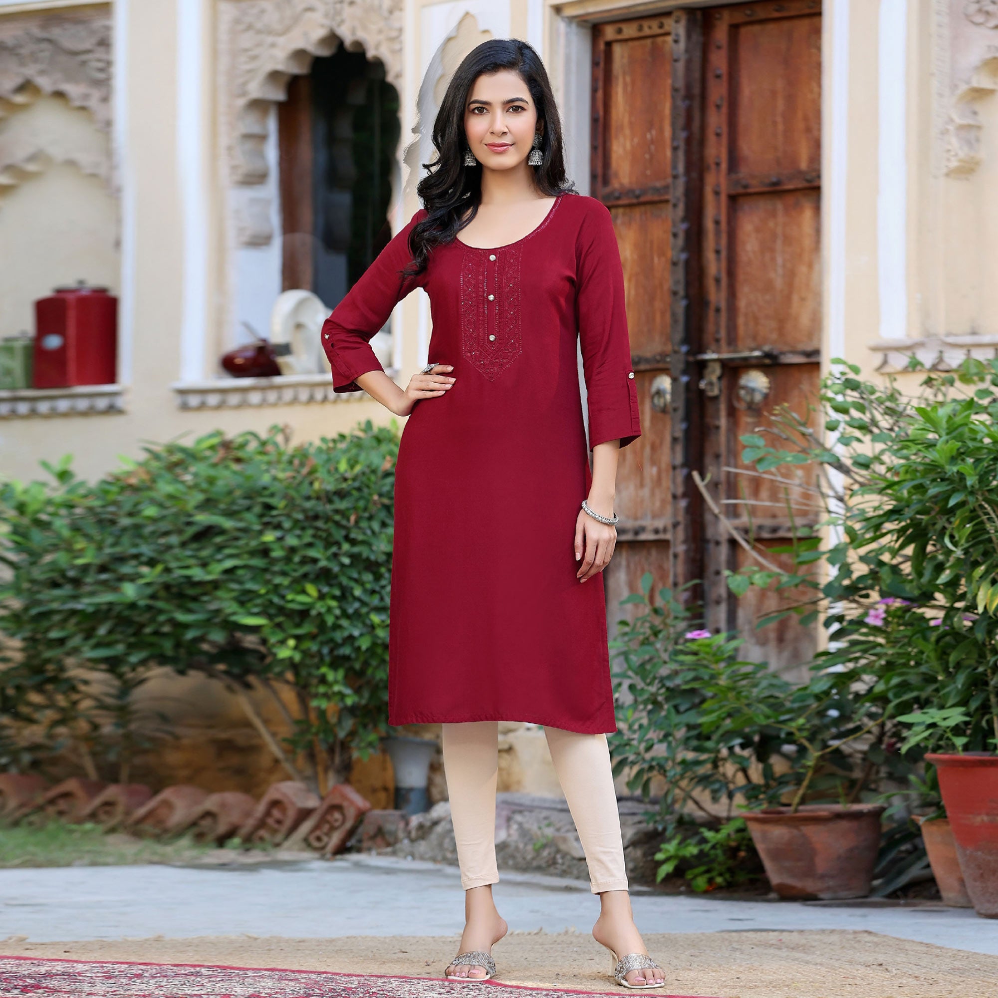 Maroon Embroidered Rayon Kurti