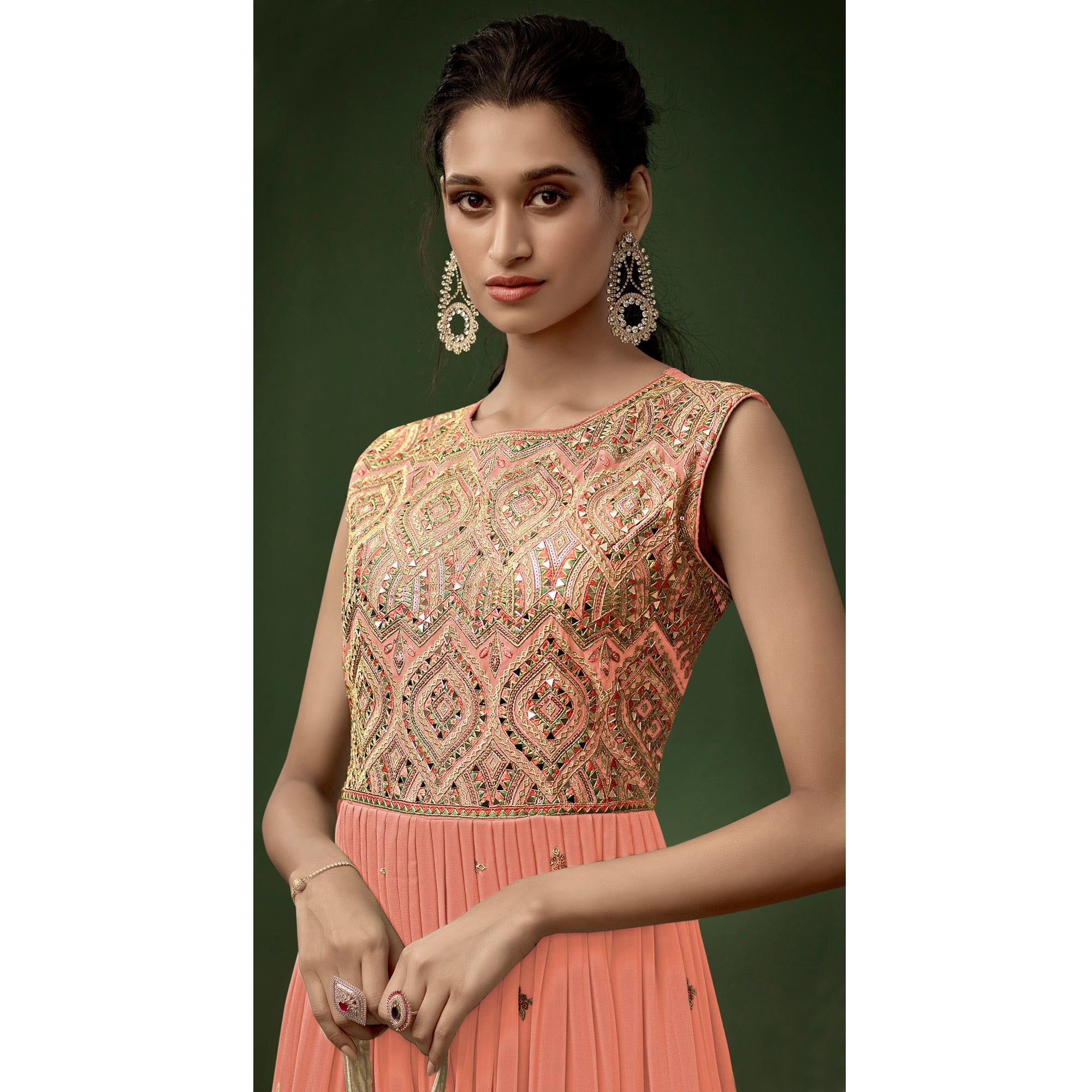 Peach Sequins With Mirror Embroidered Georgette Jumpsuit