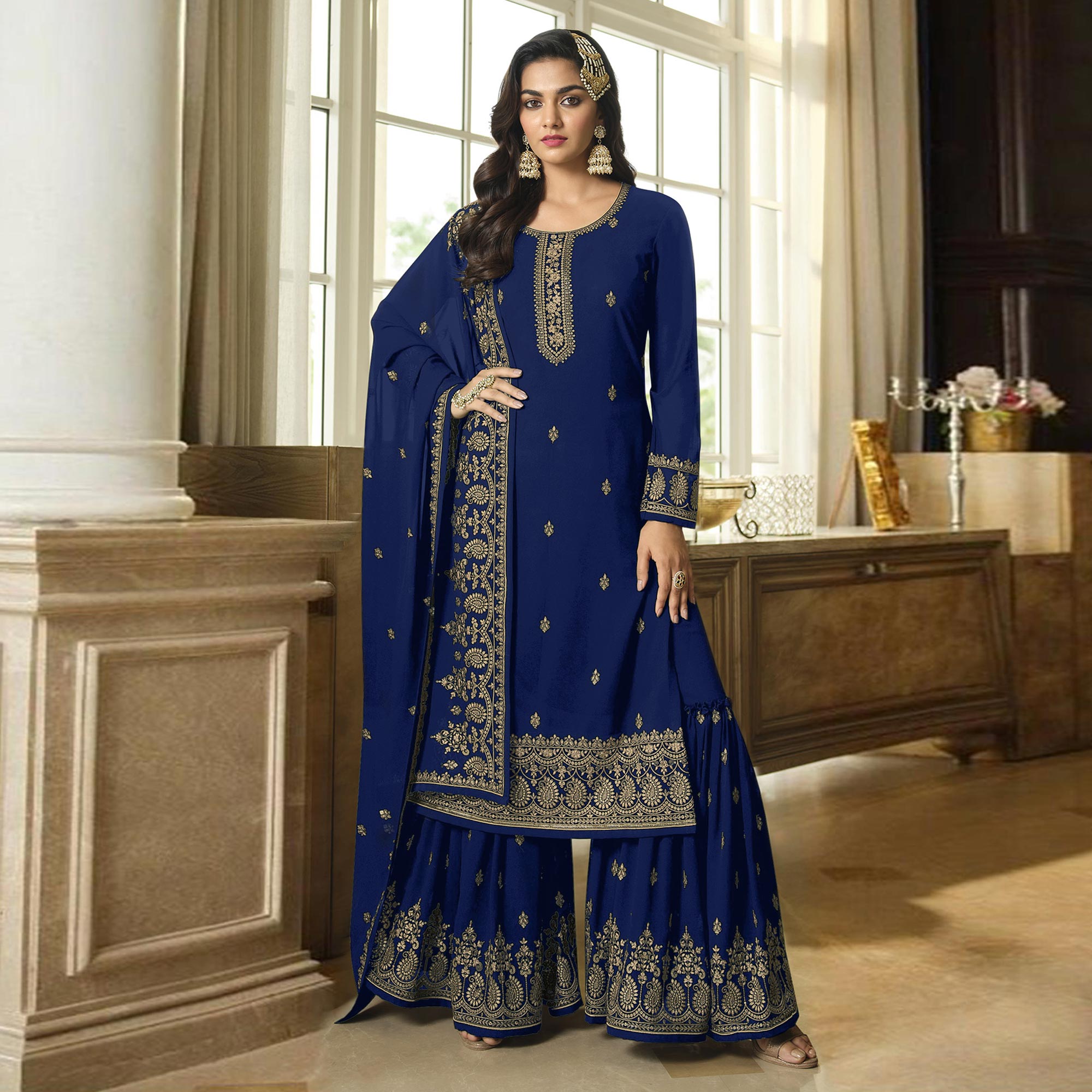 Blue Floral Embroidered Georgette Sharara Suit