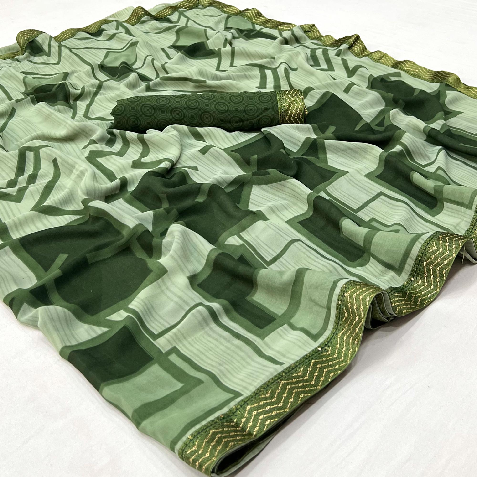 Pista Green Geometric Printed Georgette Saree