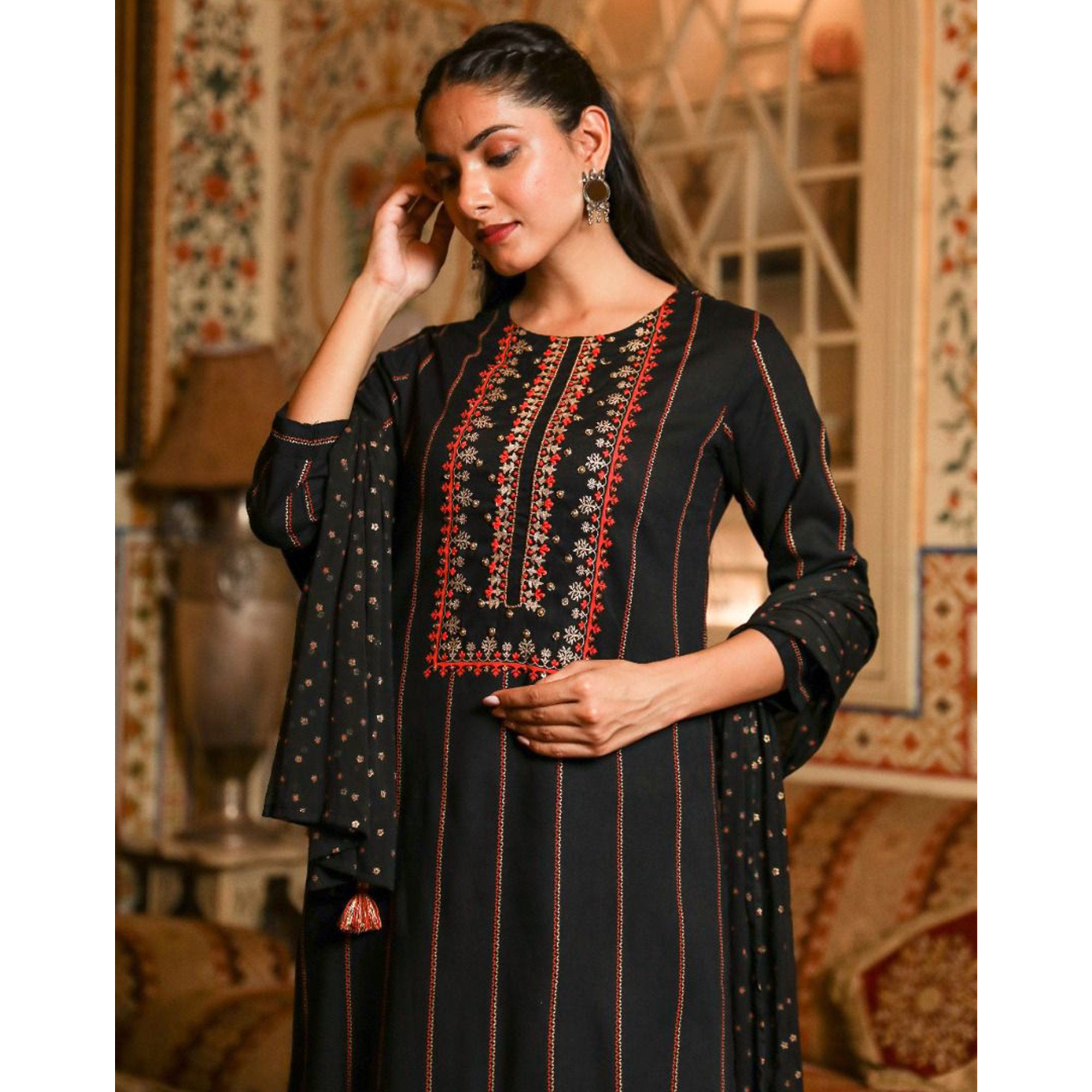 Black Printed With Embroidered Rayon Palazzo Suit