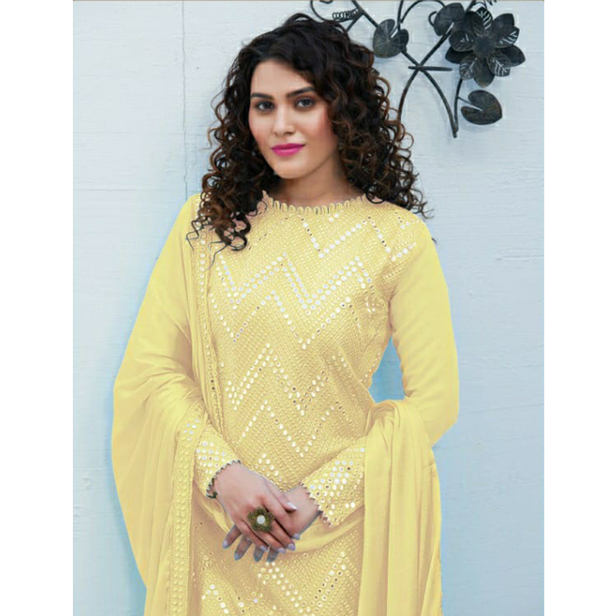 Yellow Mirror Embroidered Georgette Suit