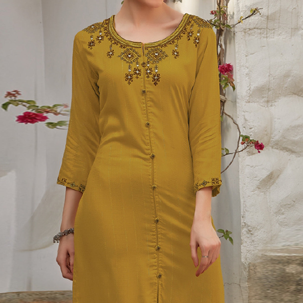 Mustard Floral Embroidered Cotton Blend Kurti