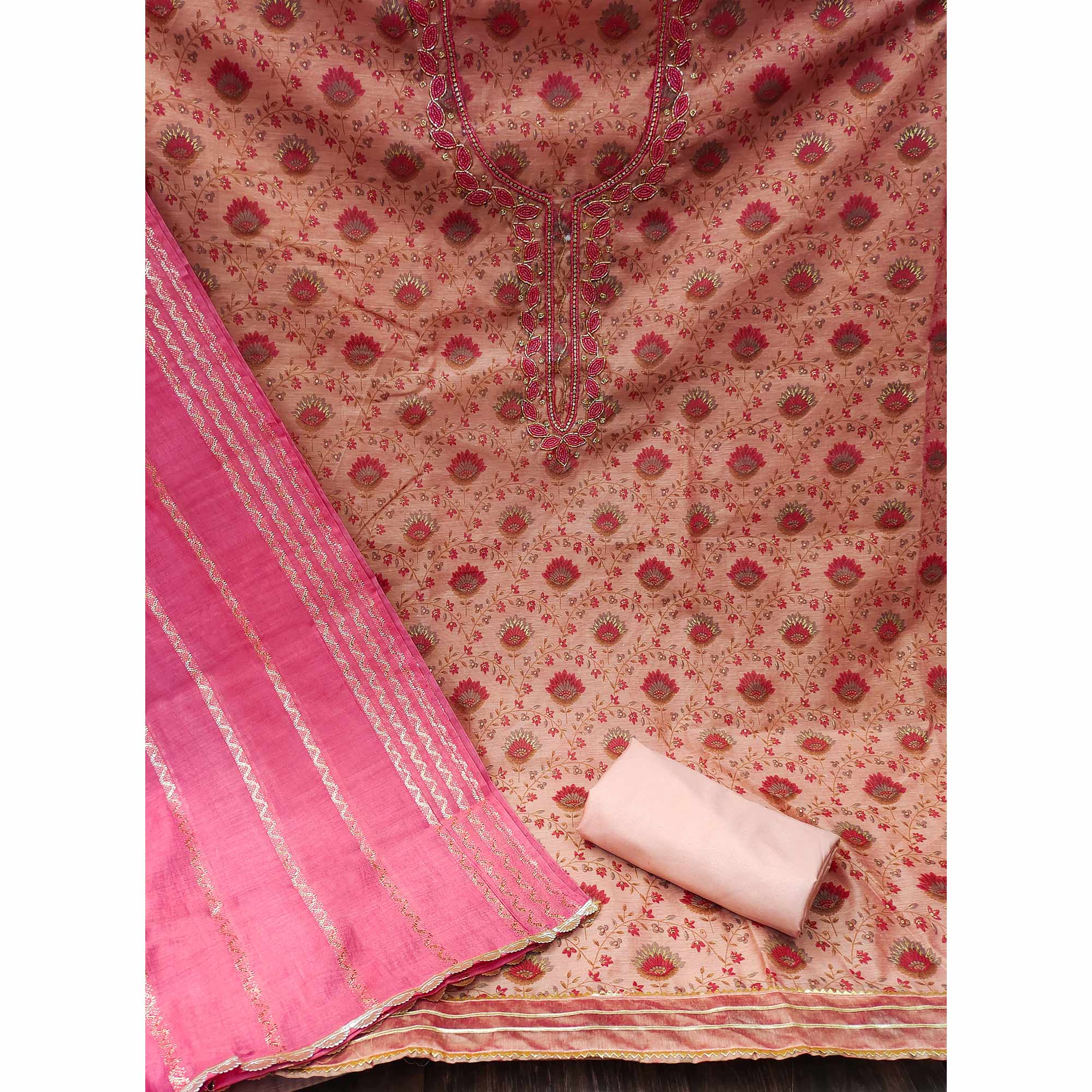 Peach Printed With Handwork Modal Dress Material