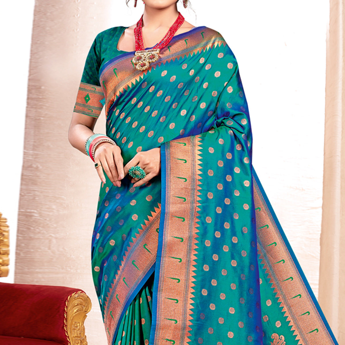 Turquoise Woven Art Silk Paithani Saree With Tassels