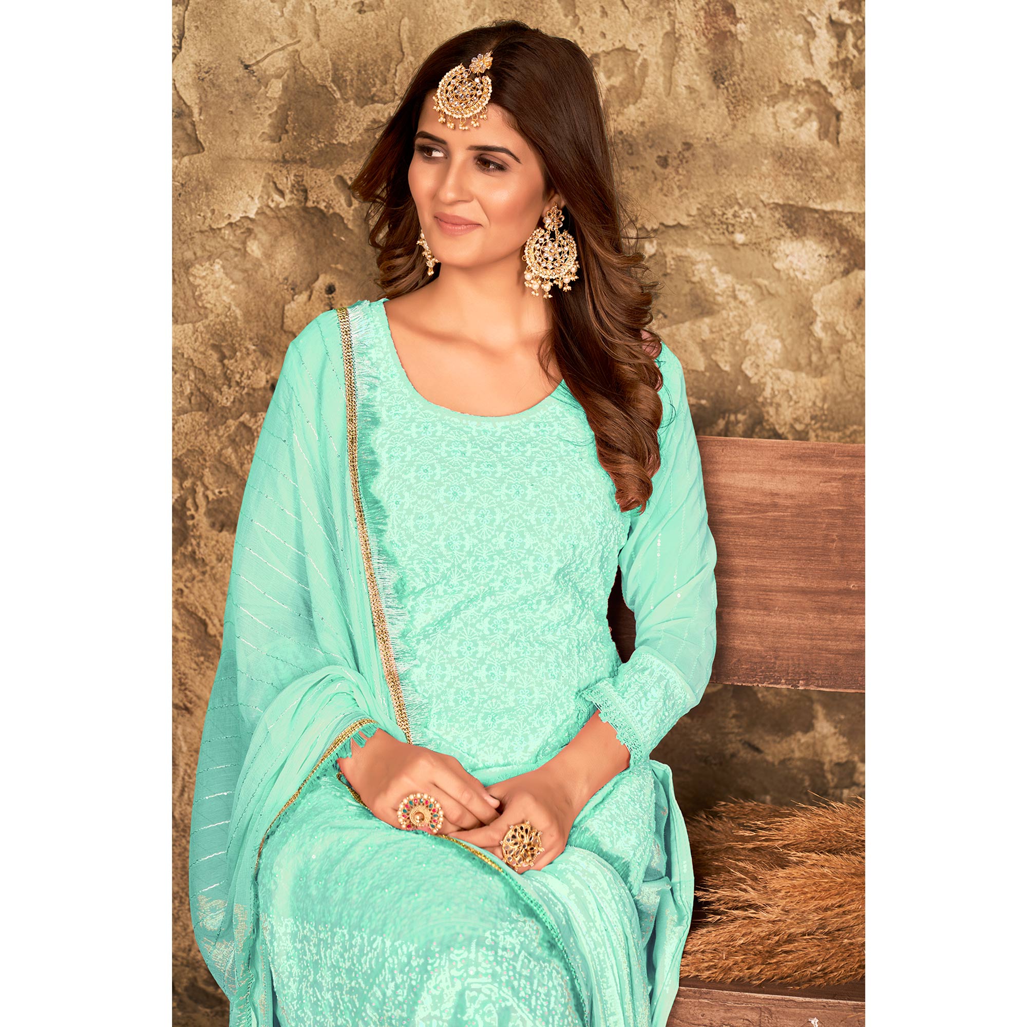 Sea Green Floral Sequins Embroidered Georgette Suit