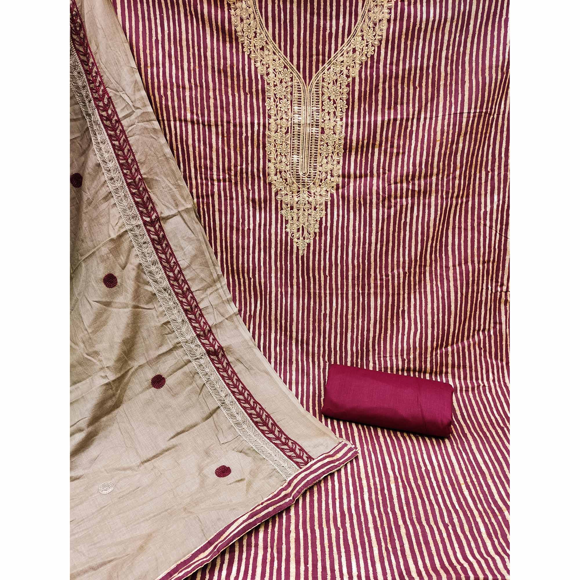 Maroon Printed With Sequins Embroidered Pure Cotton Dress Material