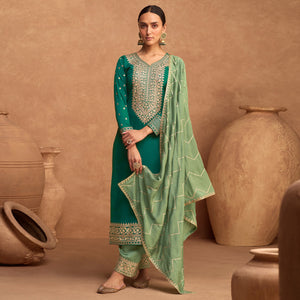 Green Floral Sequins Embroidered Art Silk Semi Stitched Suit