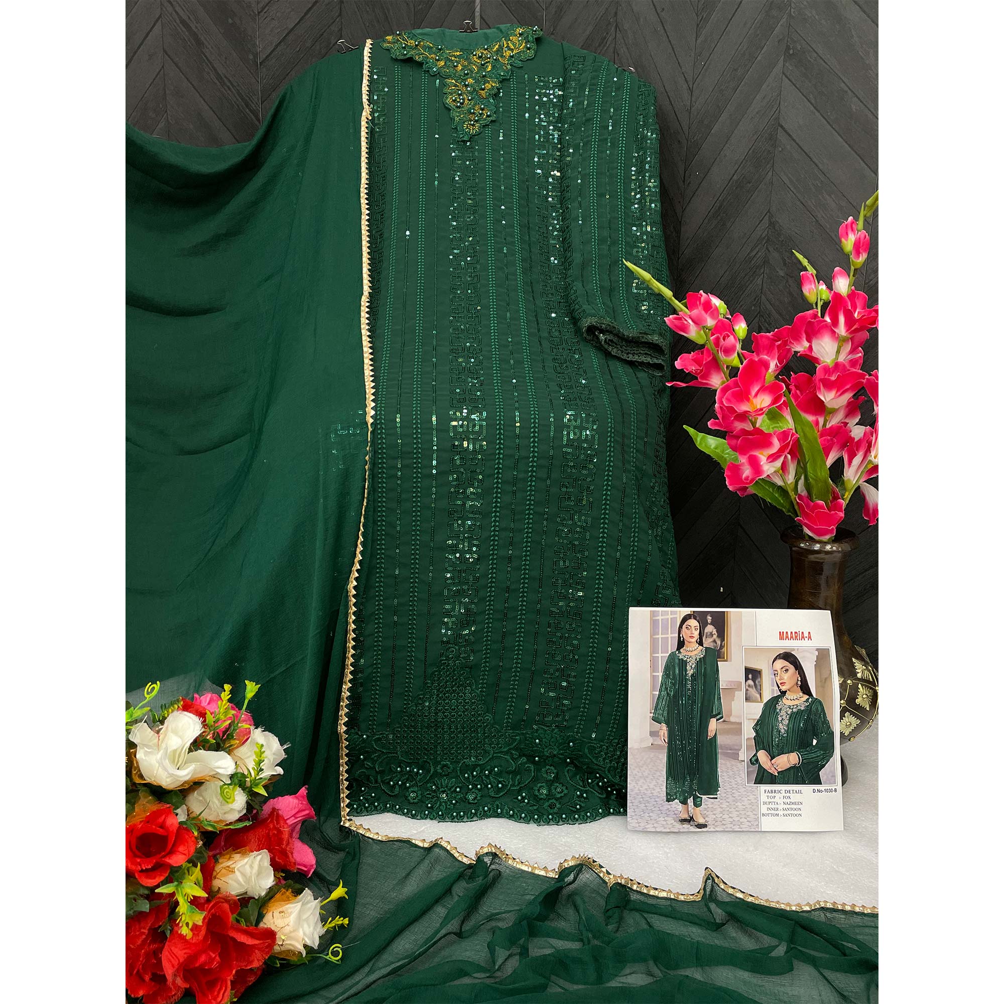 Green Sequins Embroidered Georgette Pakistani Suit