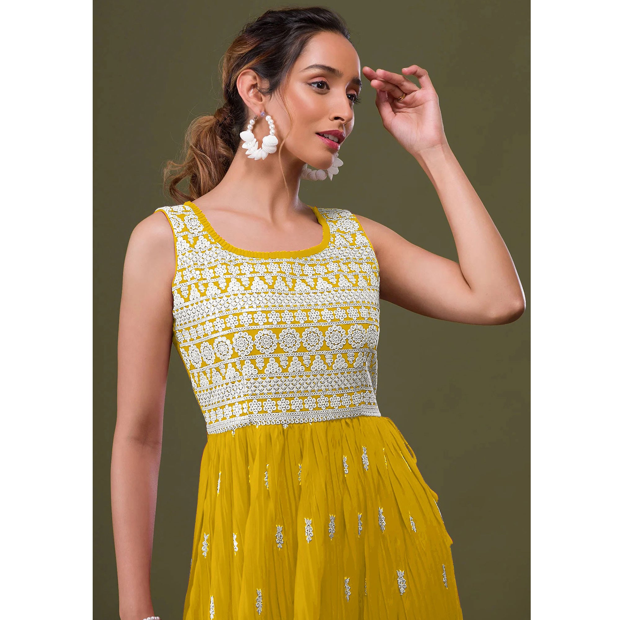 Yellow Embroidered Georgette Naira Cut Semi Stitched Palazzo Suit