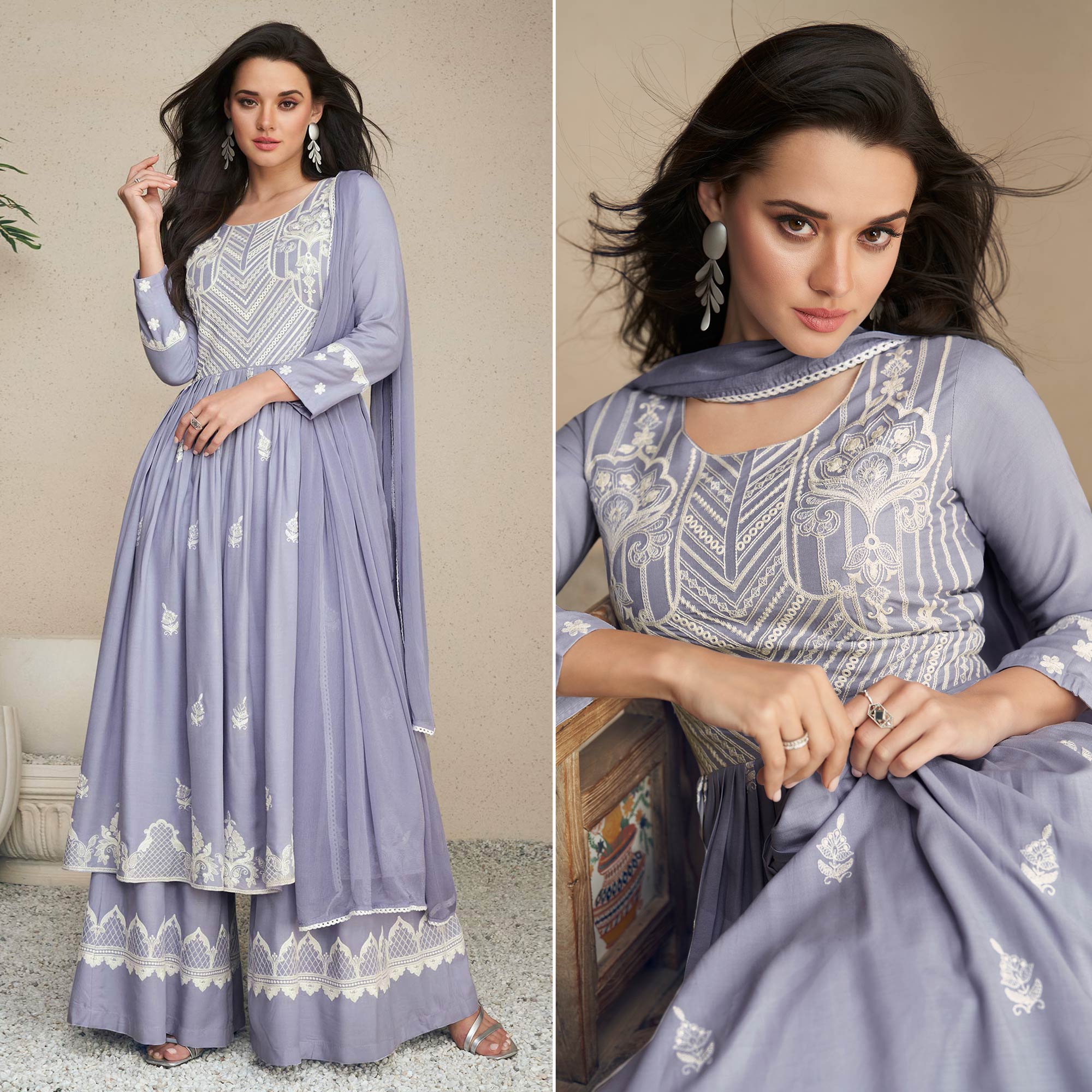 Light Purple Lucknowi Embroidered Rayon Palazzo Suit