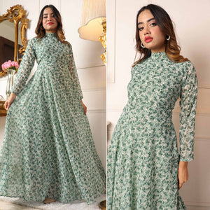 Green Printed Georgette Gown