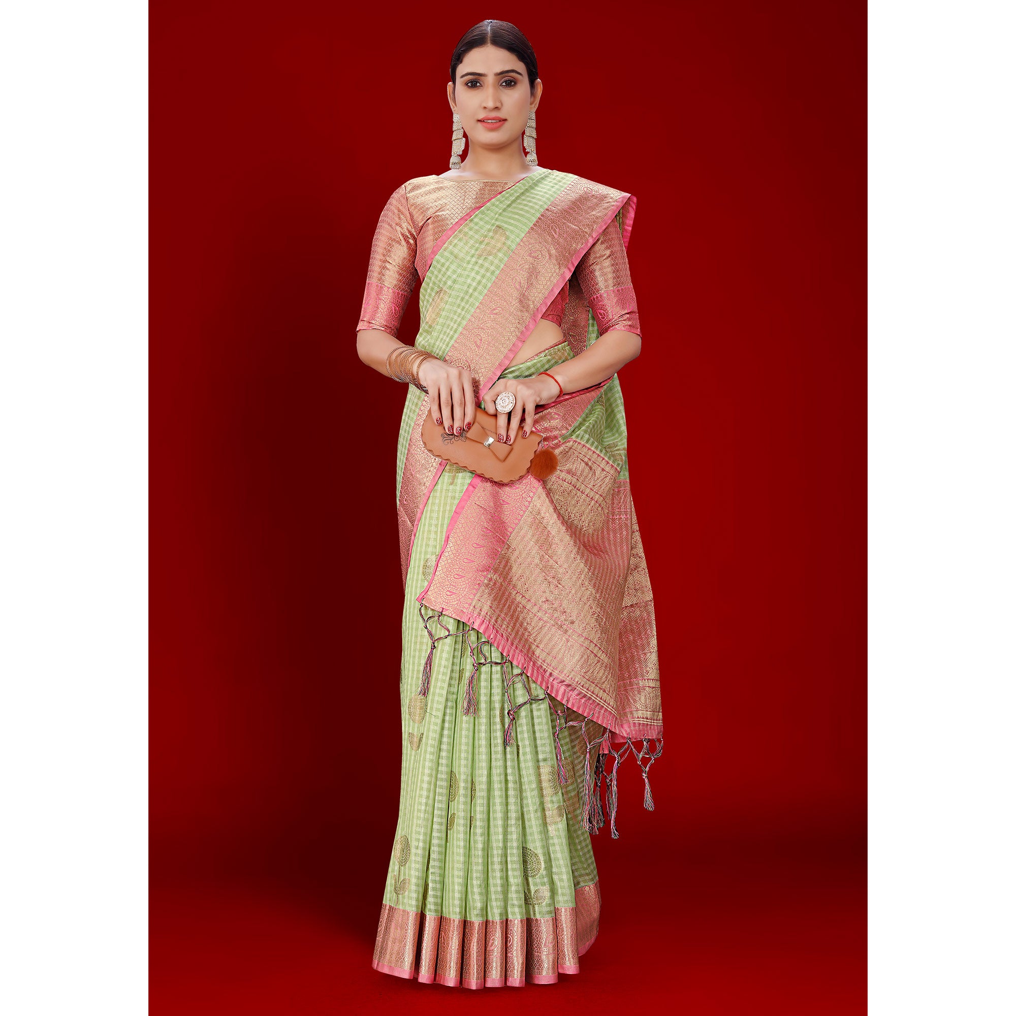 Green Floral Woven Organza Saree With Tassels