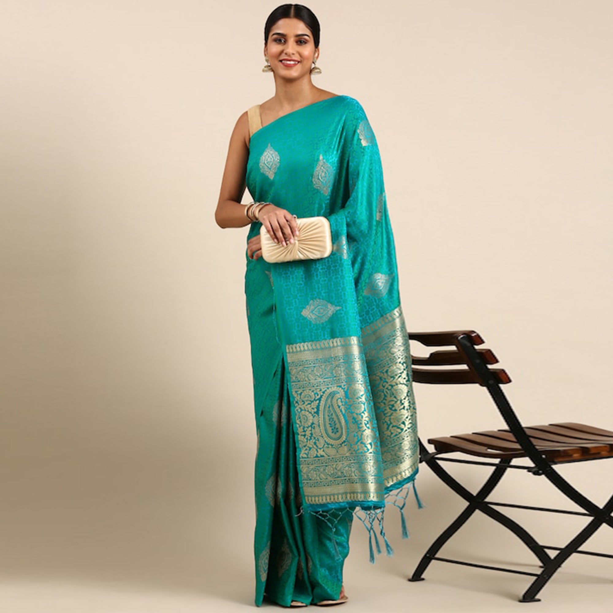 Rama Blue Woven Kanjivaram Silk Saree WithTassels