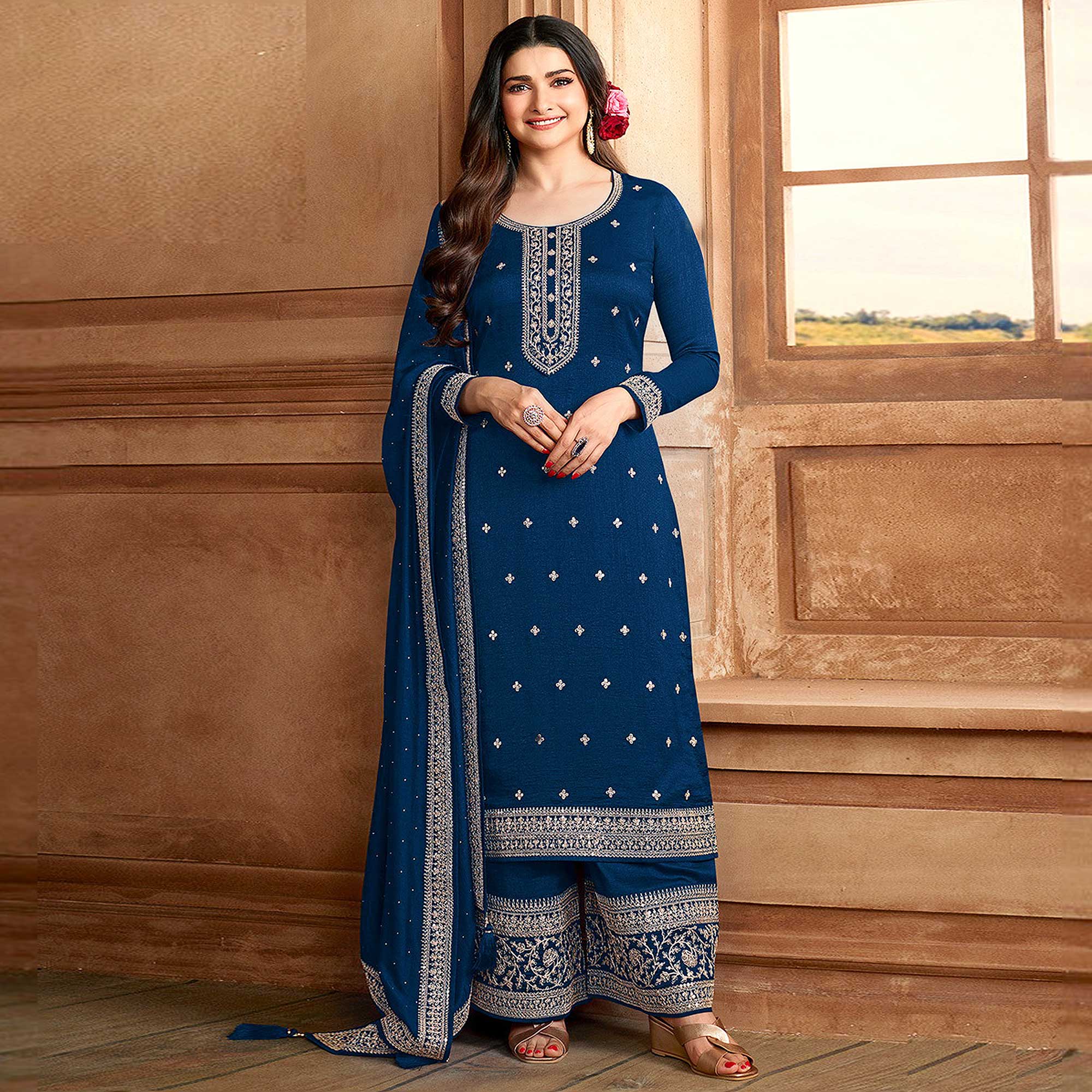 Blue Floral Embroidered Georgette Semi Stitched Palazzo Suit