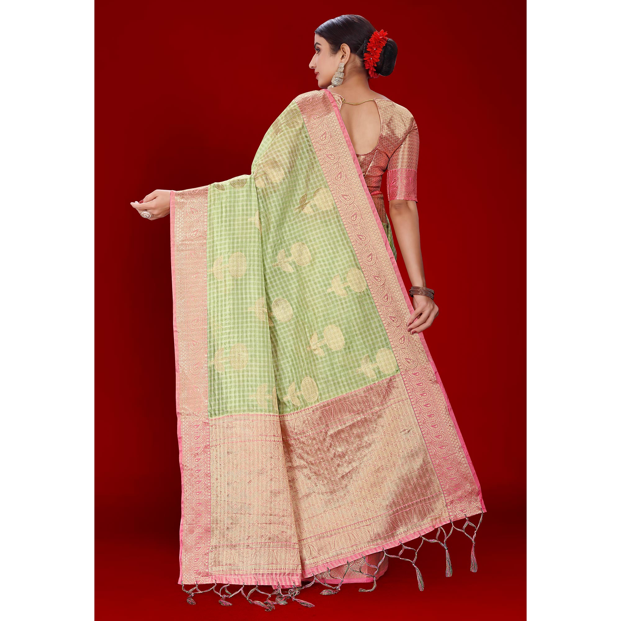 Green Floral Woven Organza Saree With Tassels