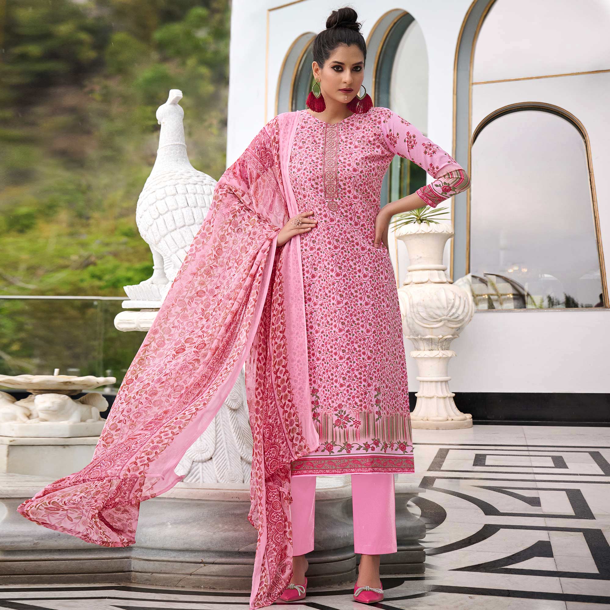 Pink Printed With Embroidered Pure Cotton Salwar Suit