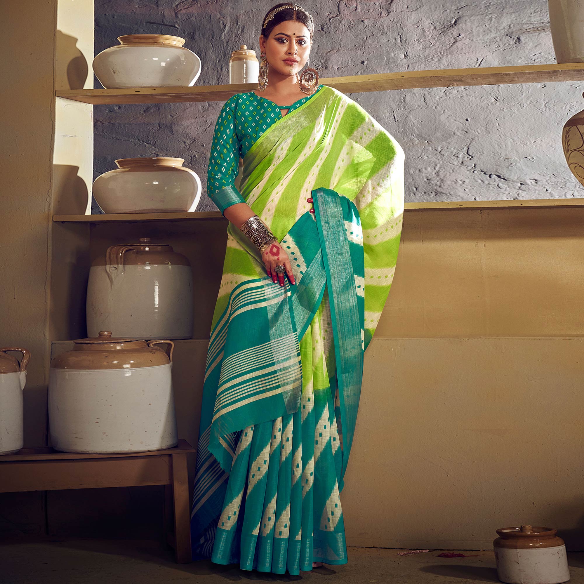 Green & Blue Printed With Zari Border Linen Saree