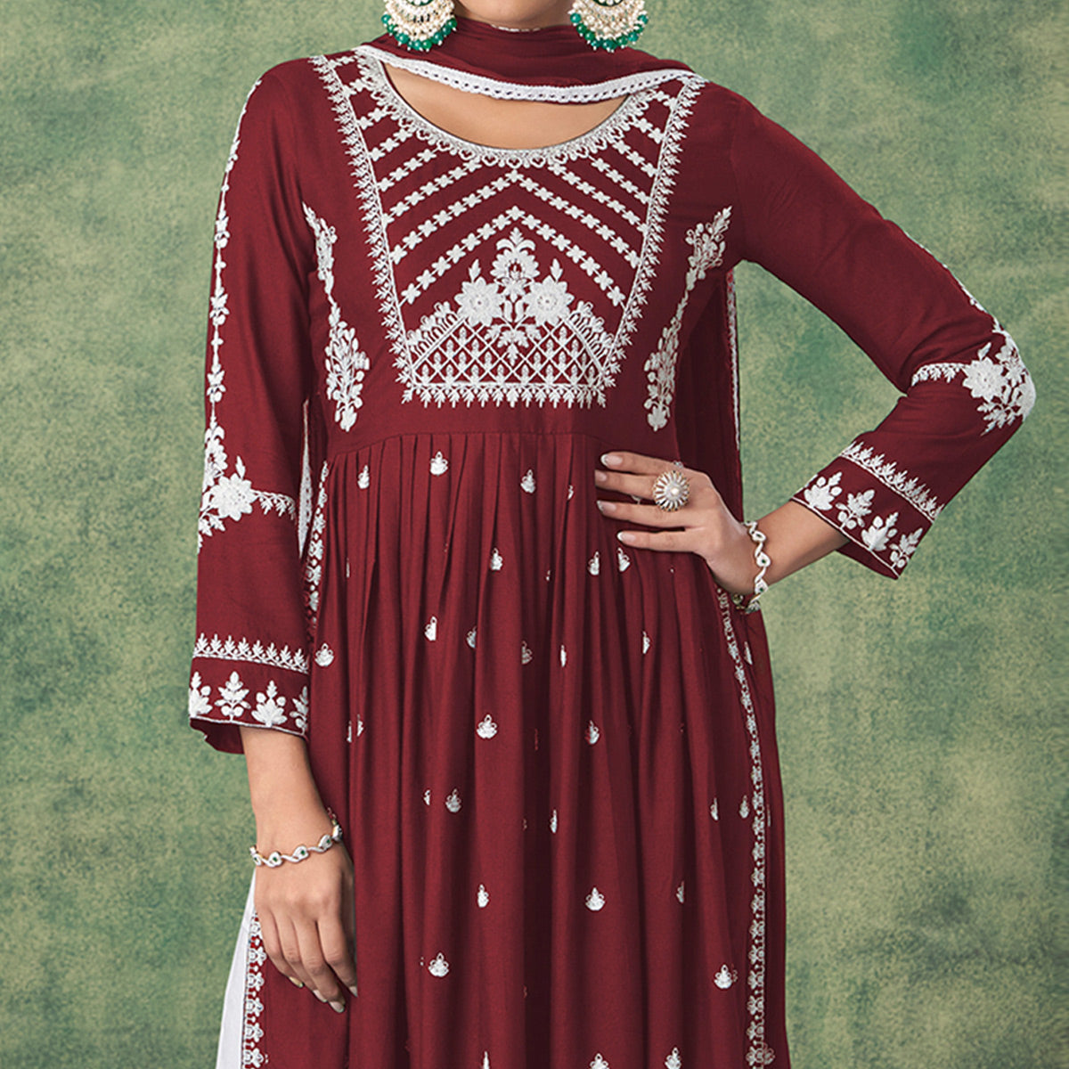 Maroon Lucknowi Work Rayon Naira Cut Palazzo Suit