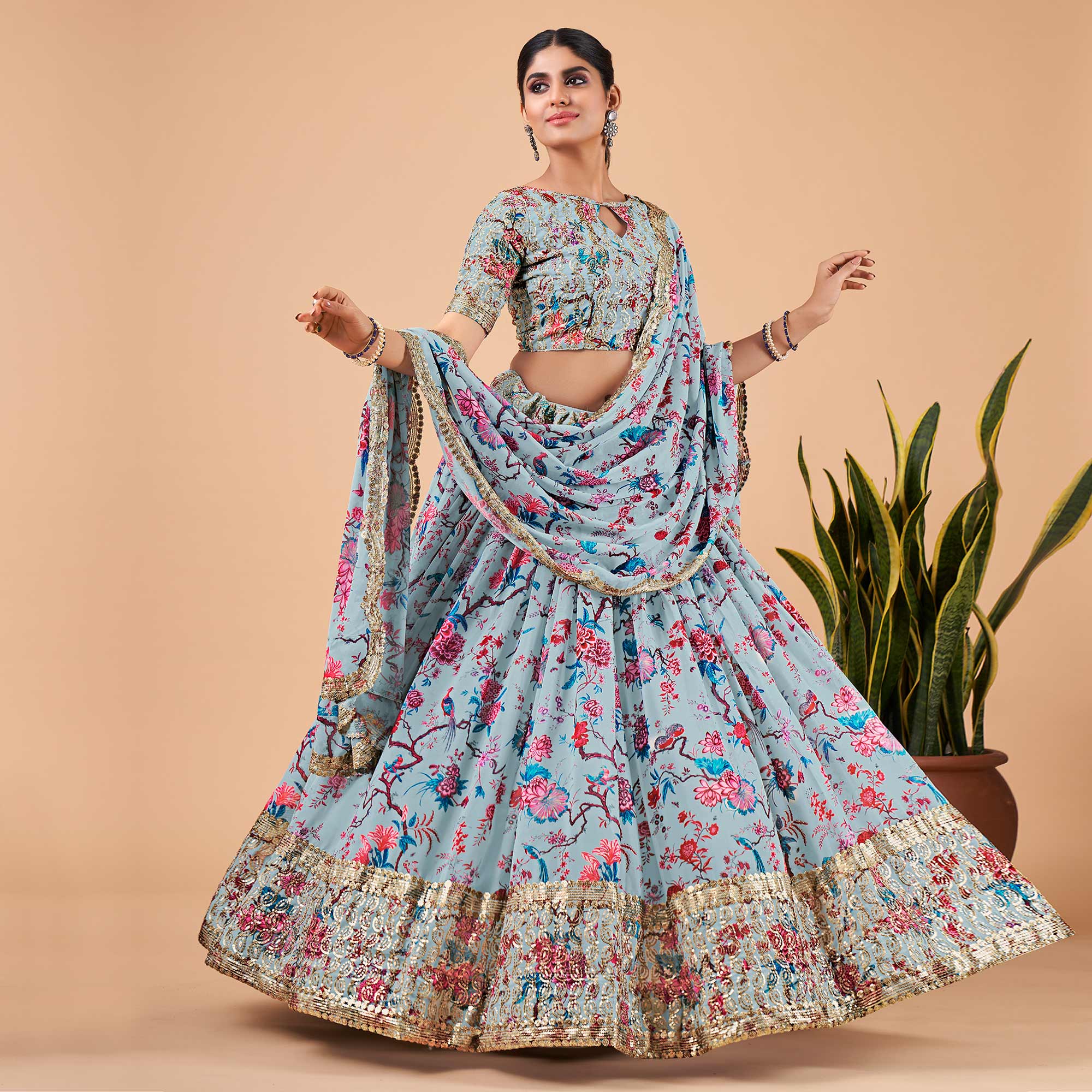 Light Blue Floral Printed And Sequins Work Georgette Lehenga Choli