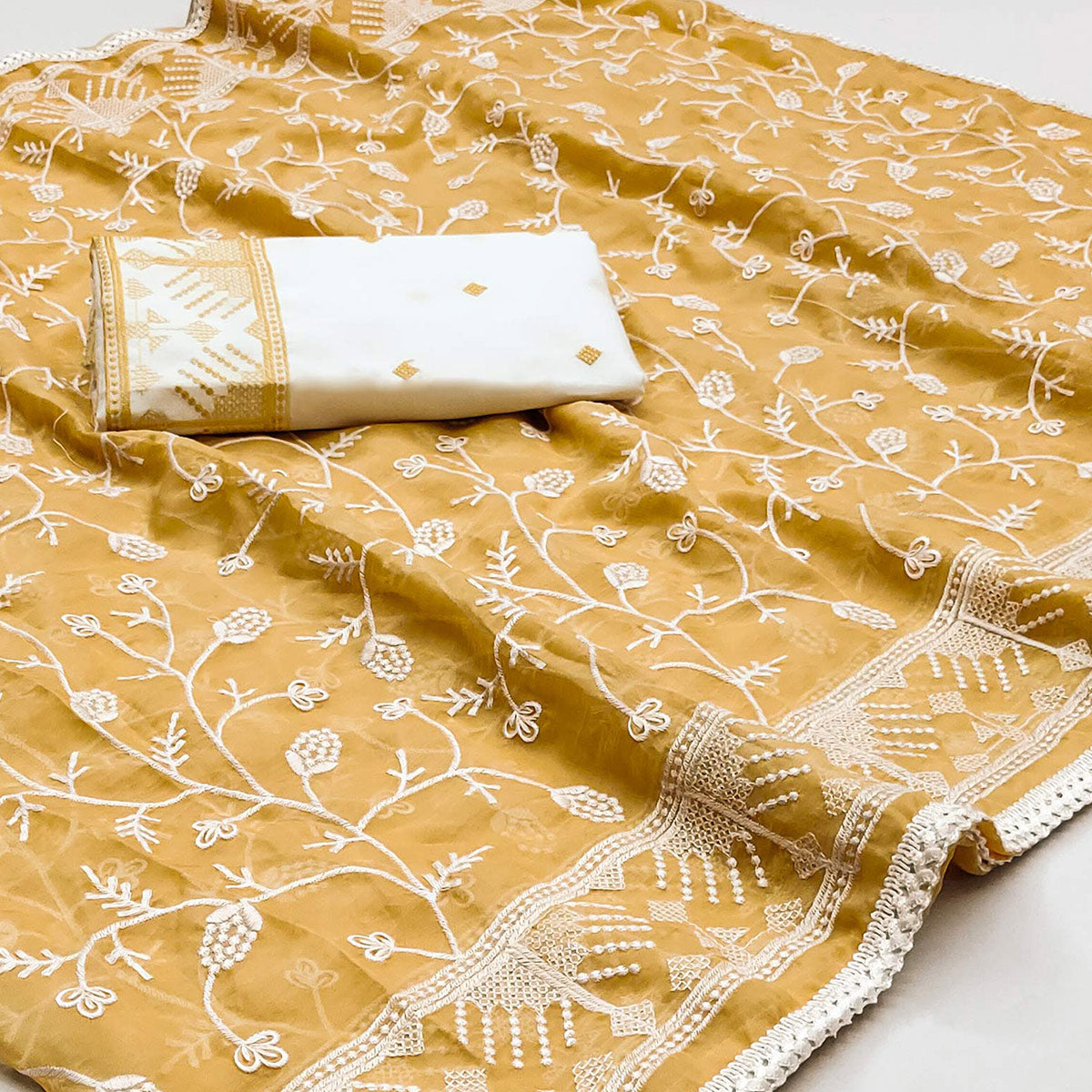 Yellow Lucknowi Work Organza Saree