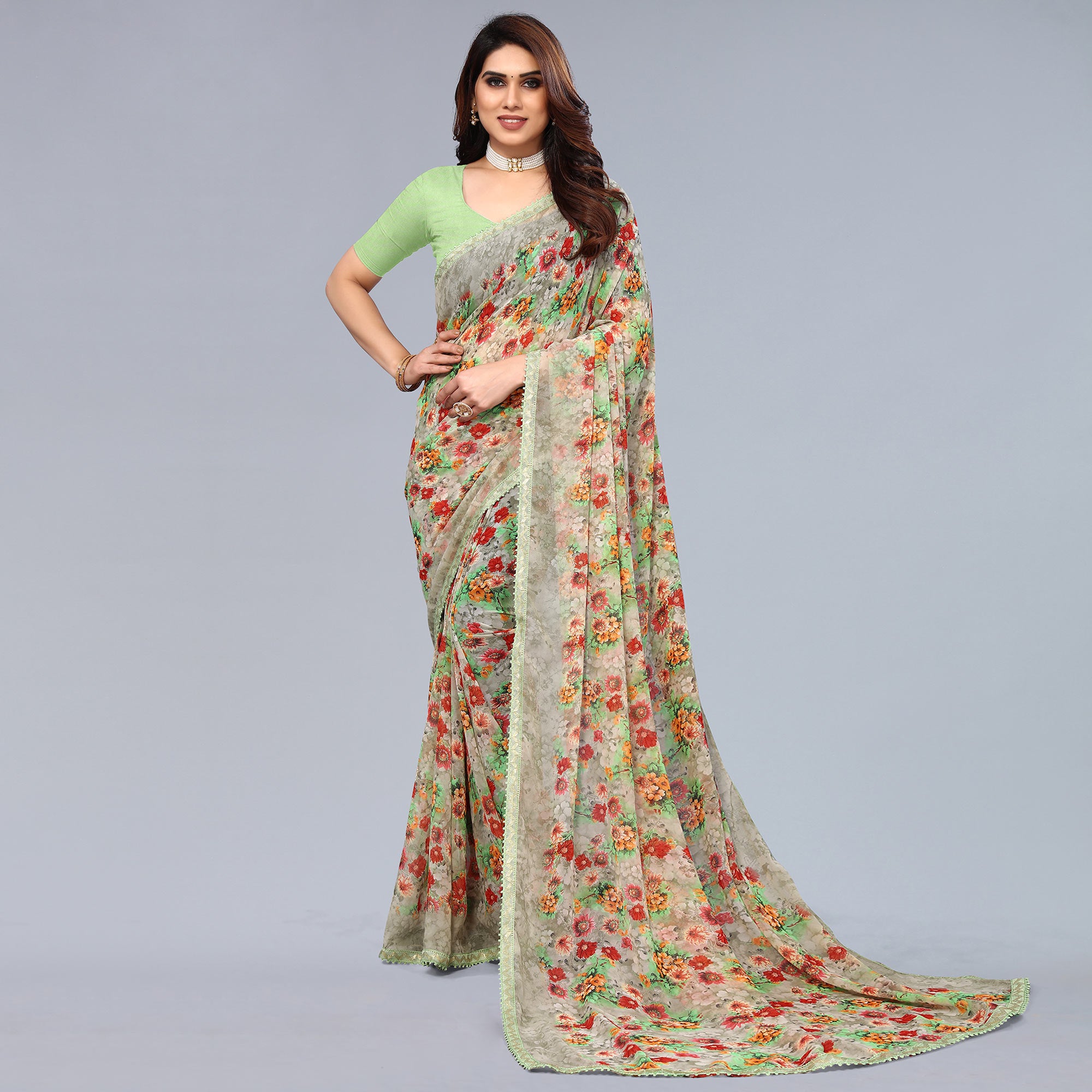 Pista Green Printed Georgette Saree With Crochet Border