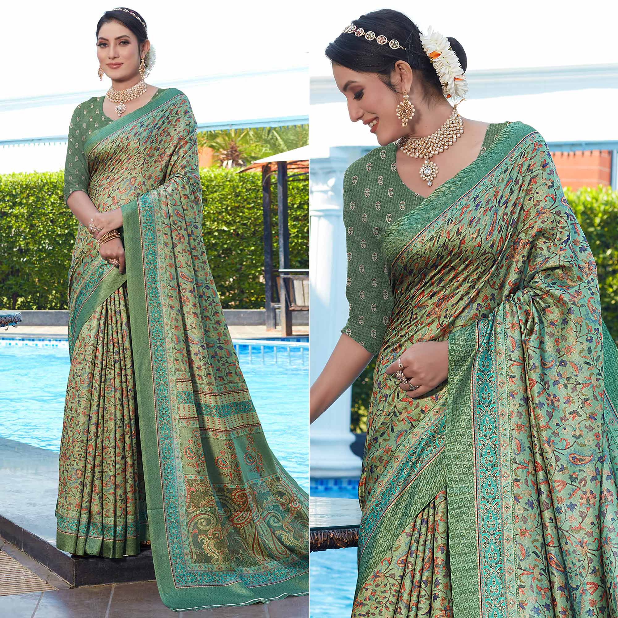 Sea Green Digital Printed Pashmina Saree