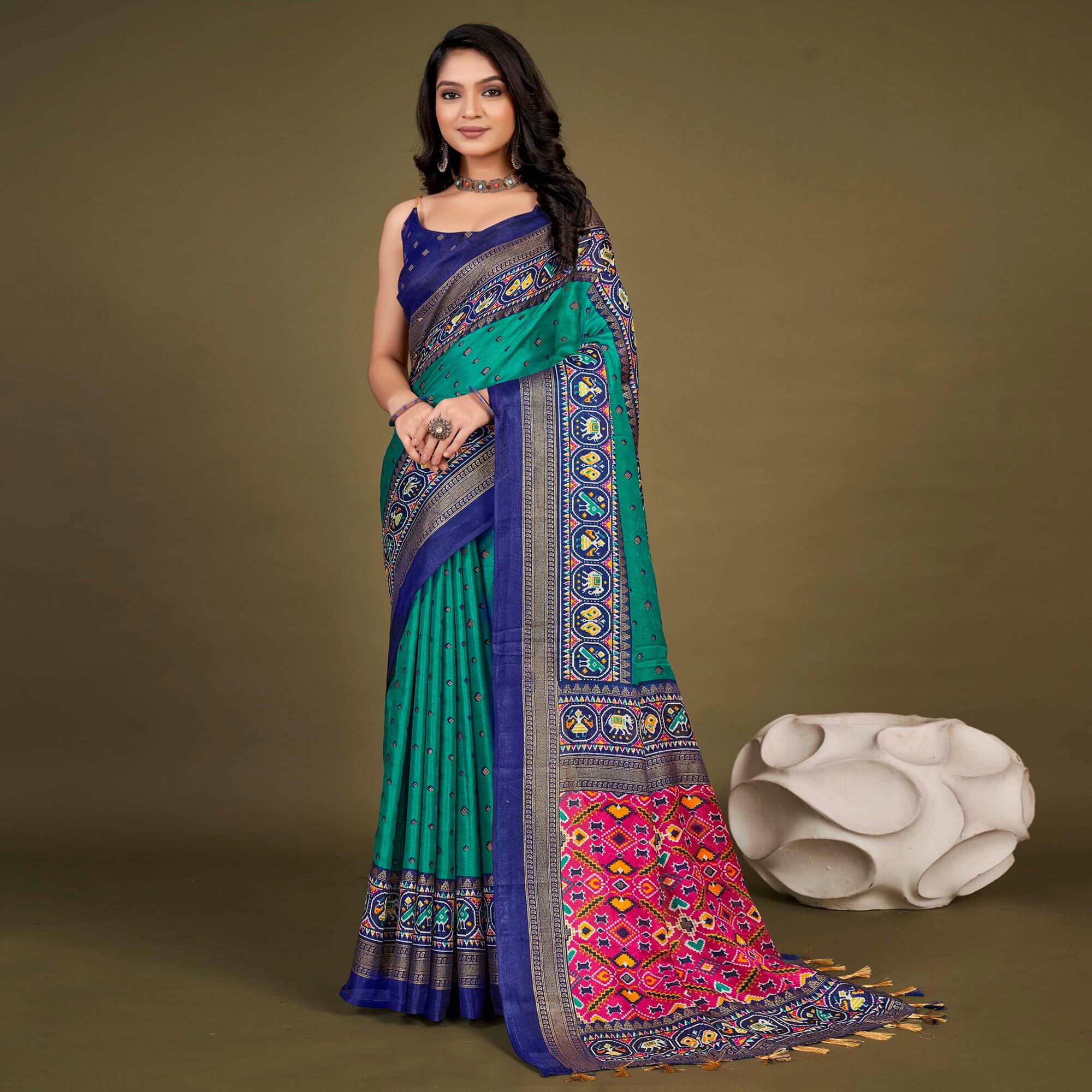 Blue Printed Jute Patola Saree With Tassels