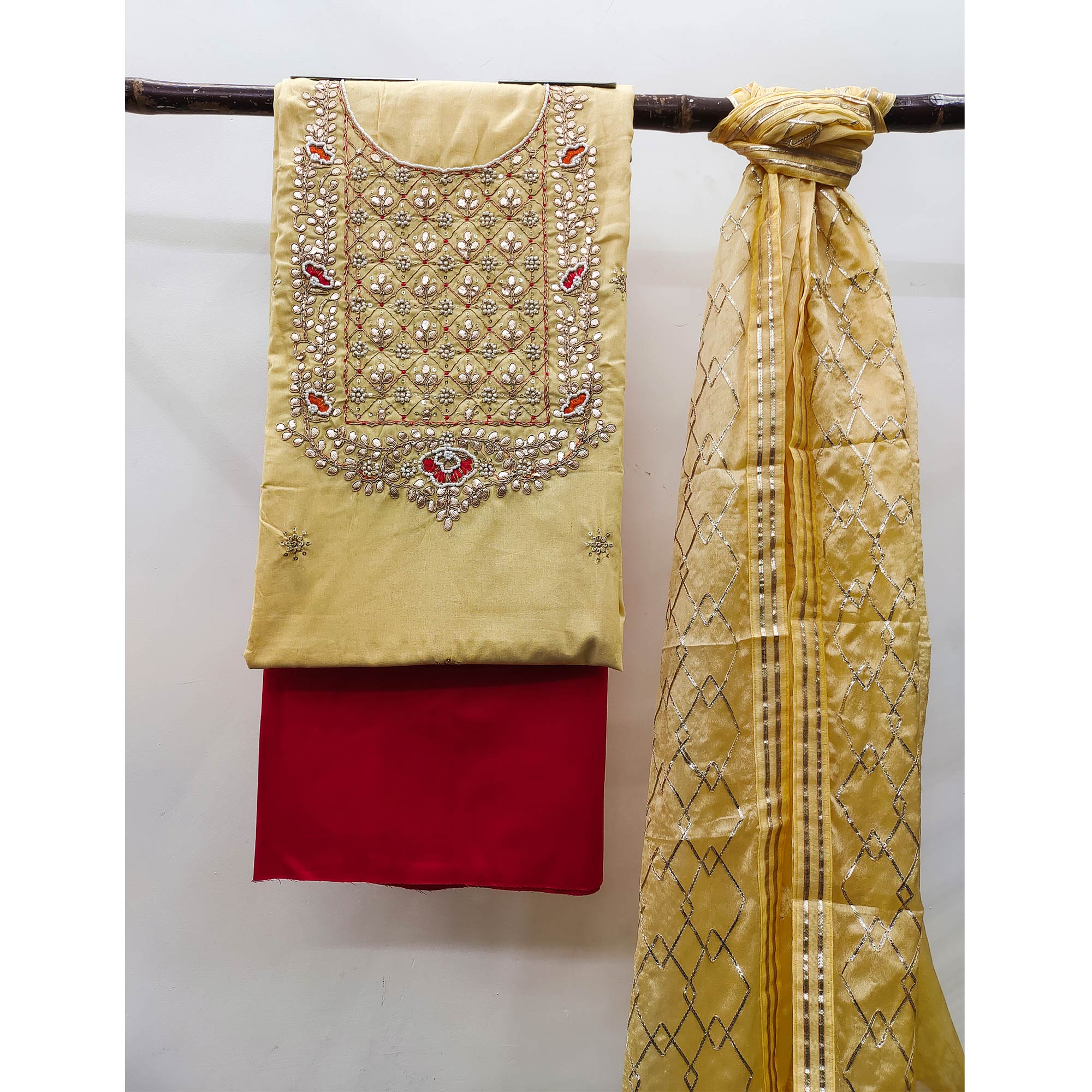 Yellow Embroidered Cotton Blend Dress Material