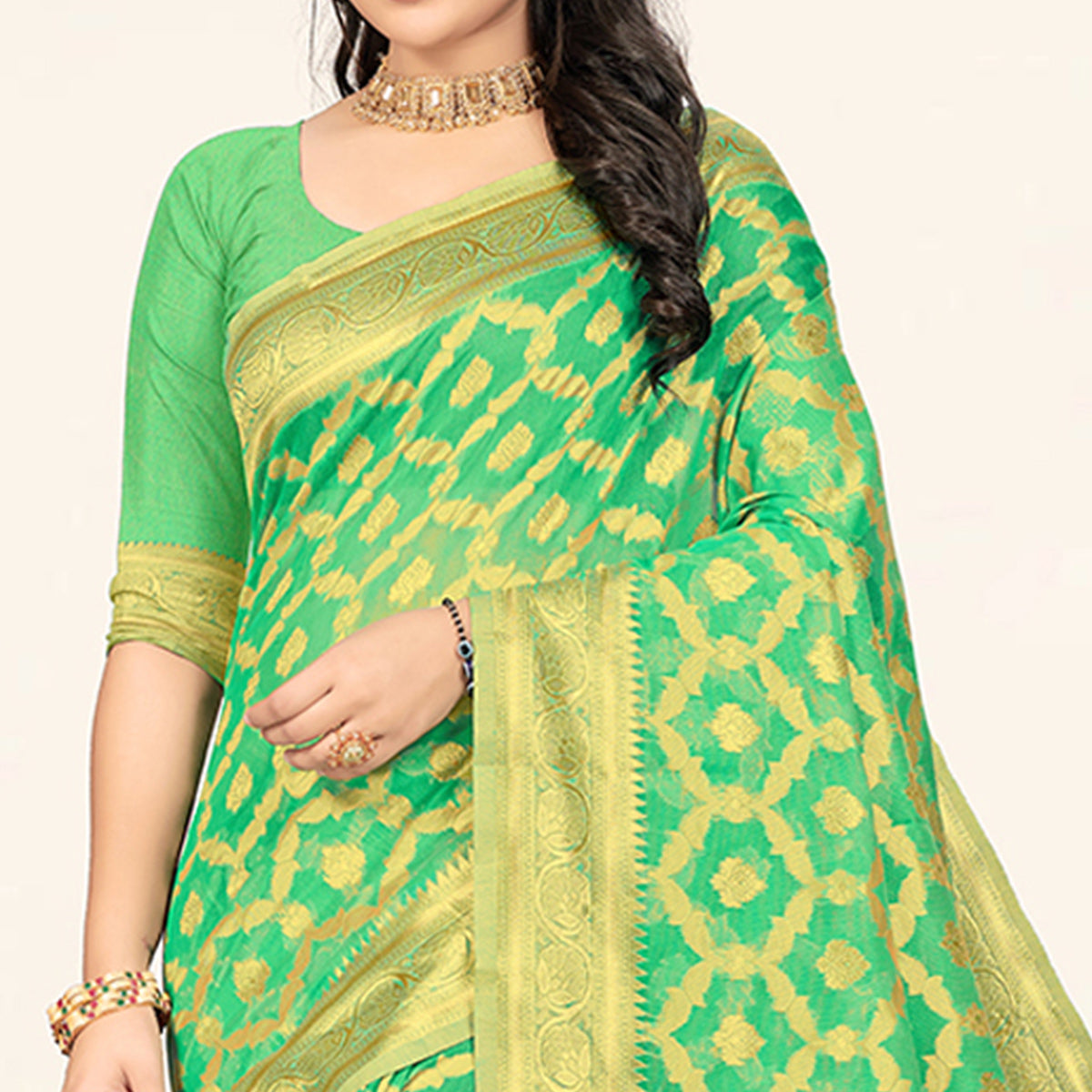 Sea Green Woven Cotton Saree With Tassels