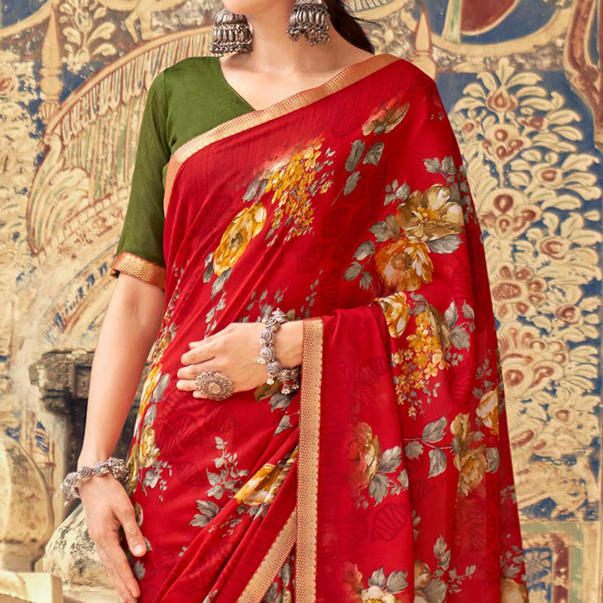 Red Floral Printed Chiffon Saree