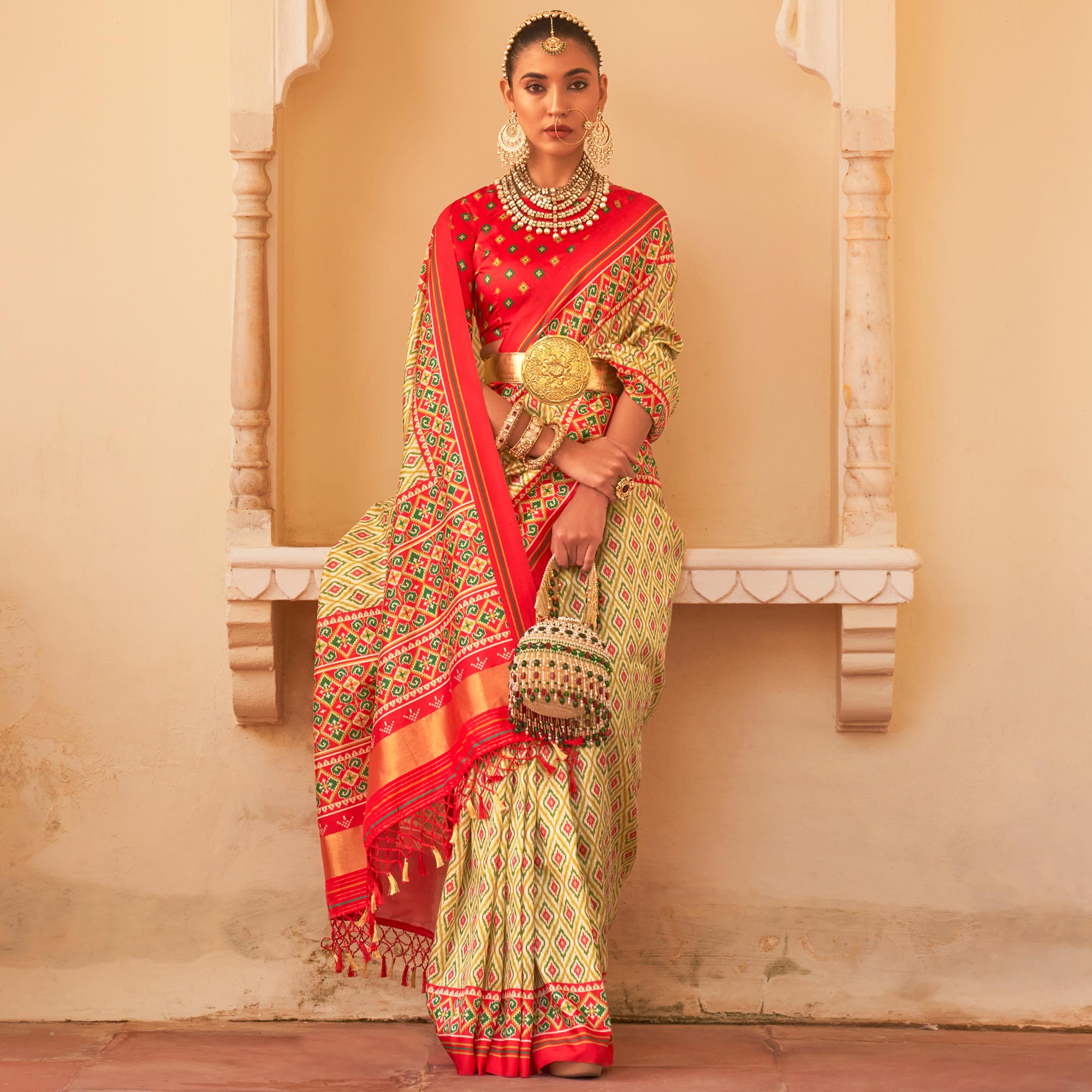 Green Printed Tussar Silk Saree With Tassels
