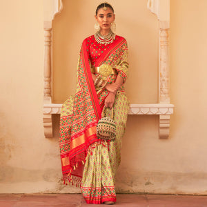 Green Printed Tussar Silk Saree With Tassels