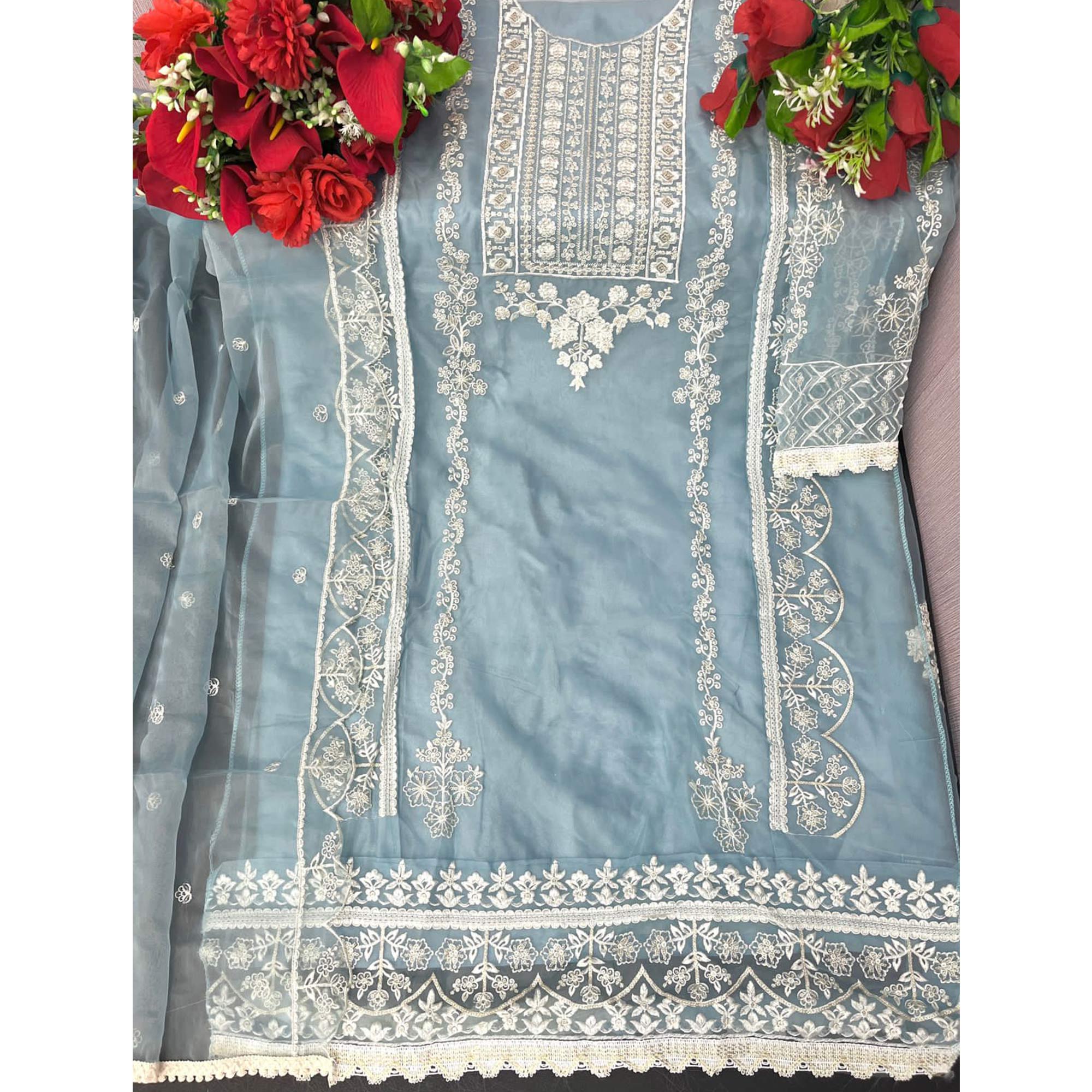 Slate Blue Floral Embroidered Organza Pakistani Suit