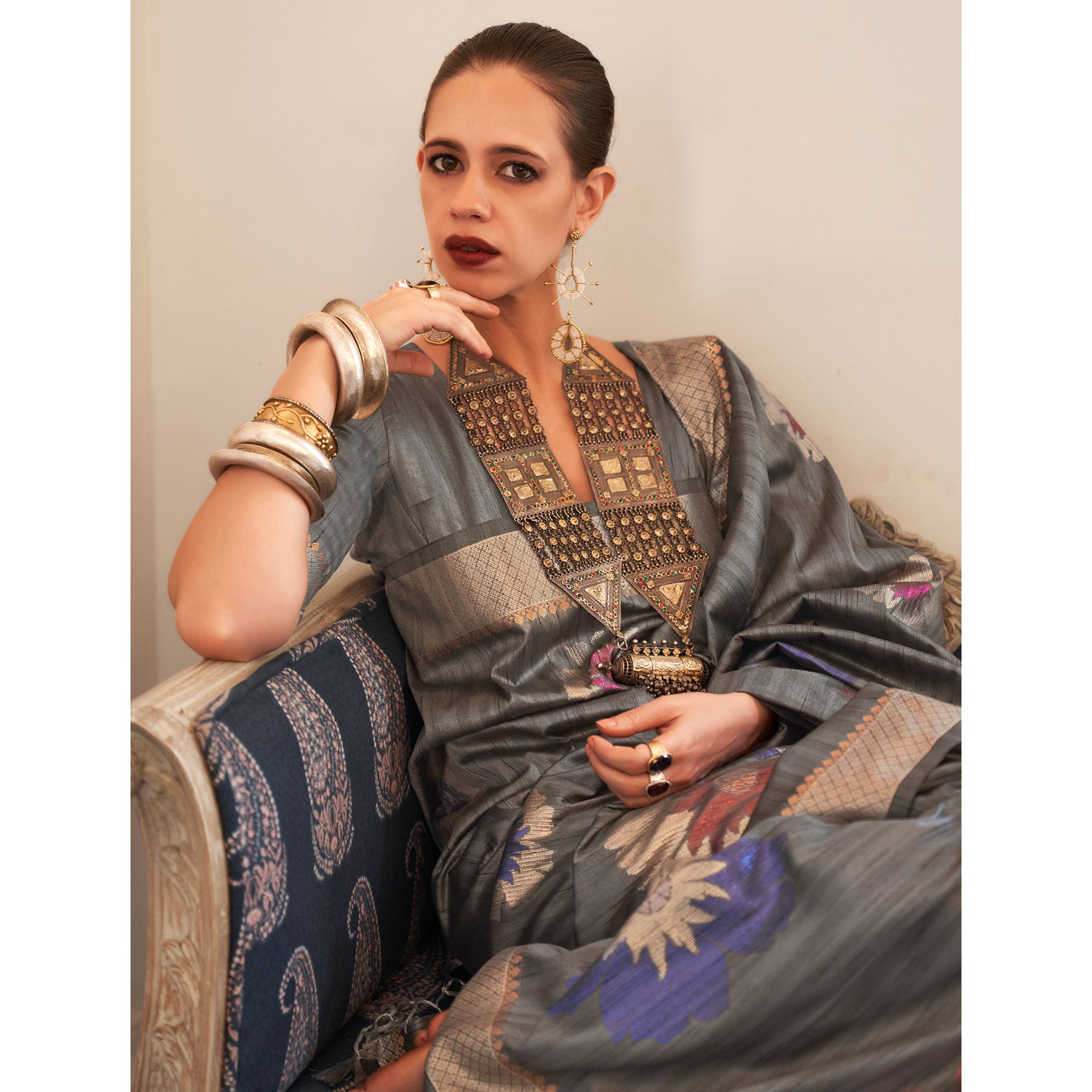 Grey Woven Art Silk Saree With Tassels