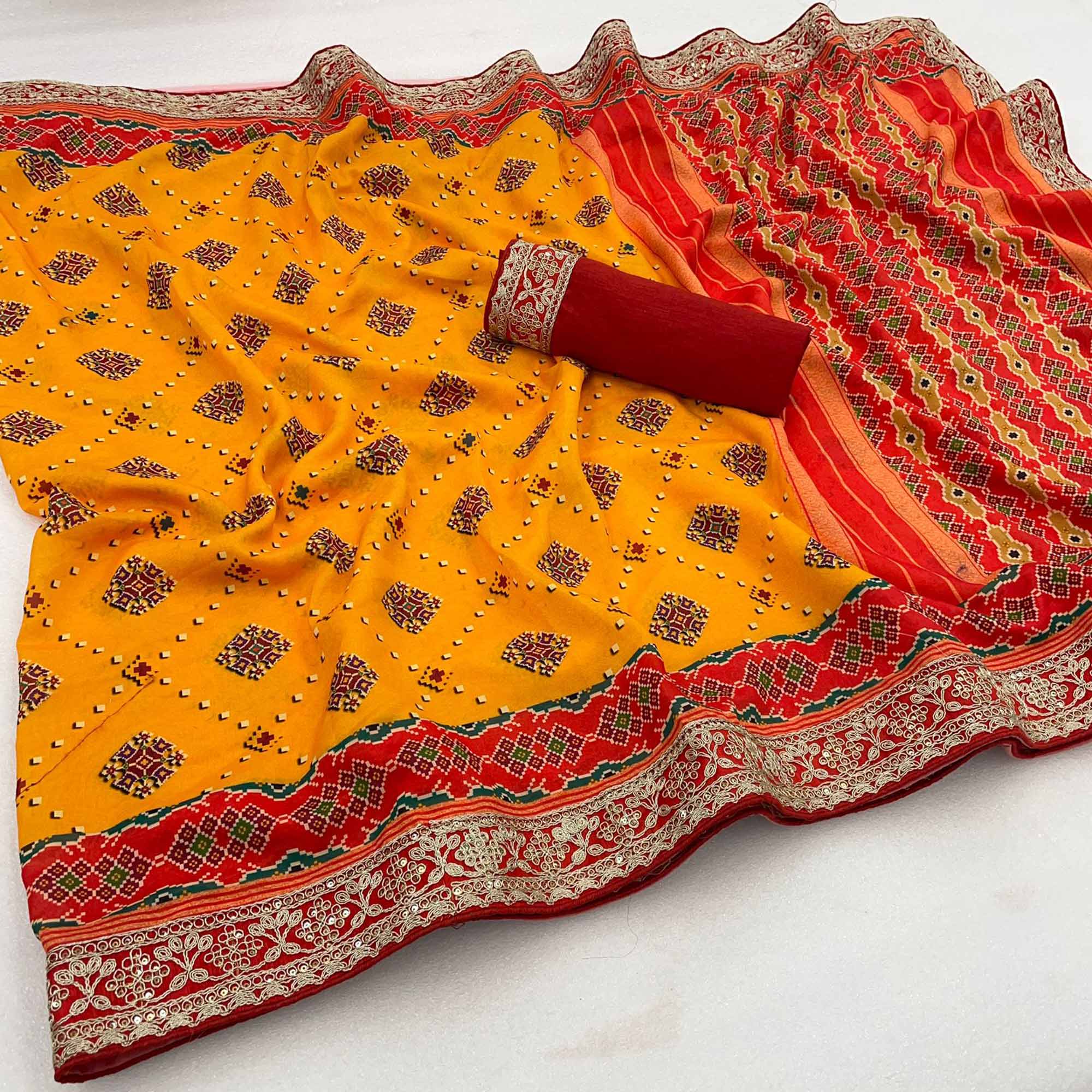 Mustard Digital Print With Sequins Vichitra Silk Saree