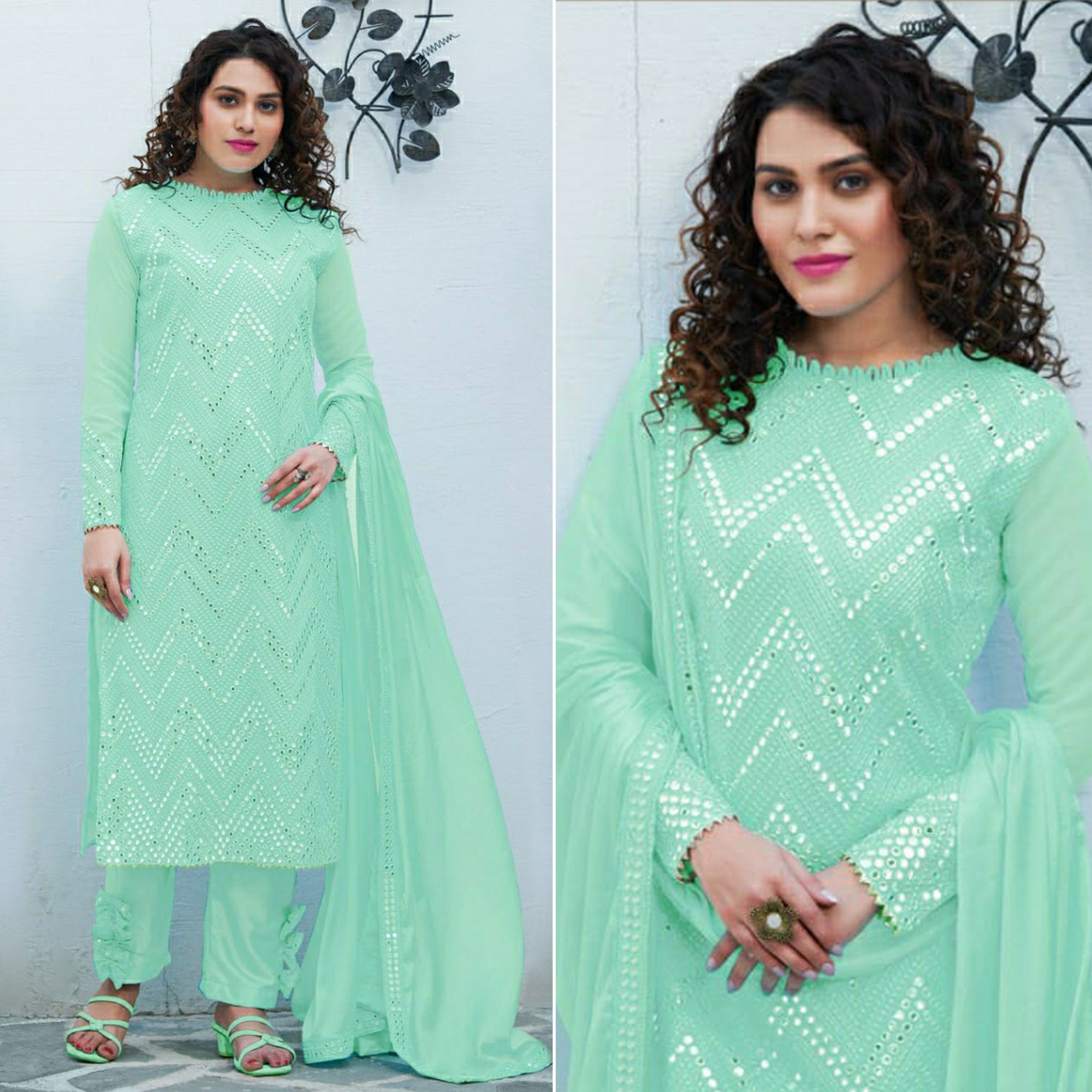 Aqua Green Mirror Embroidered Georgette Suit